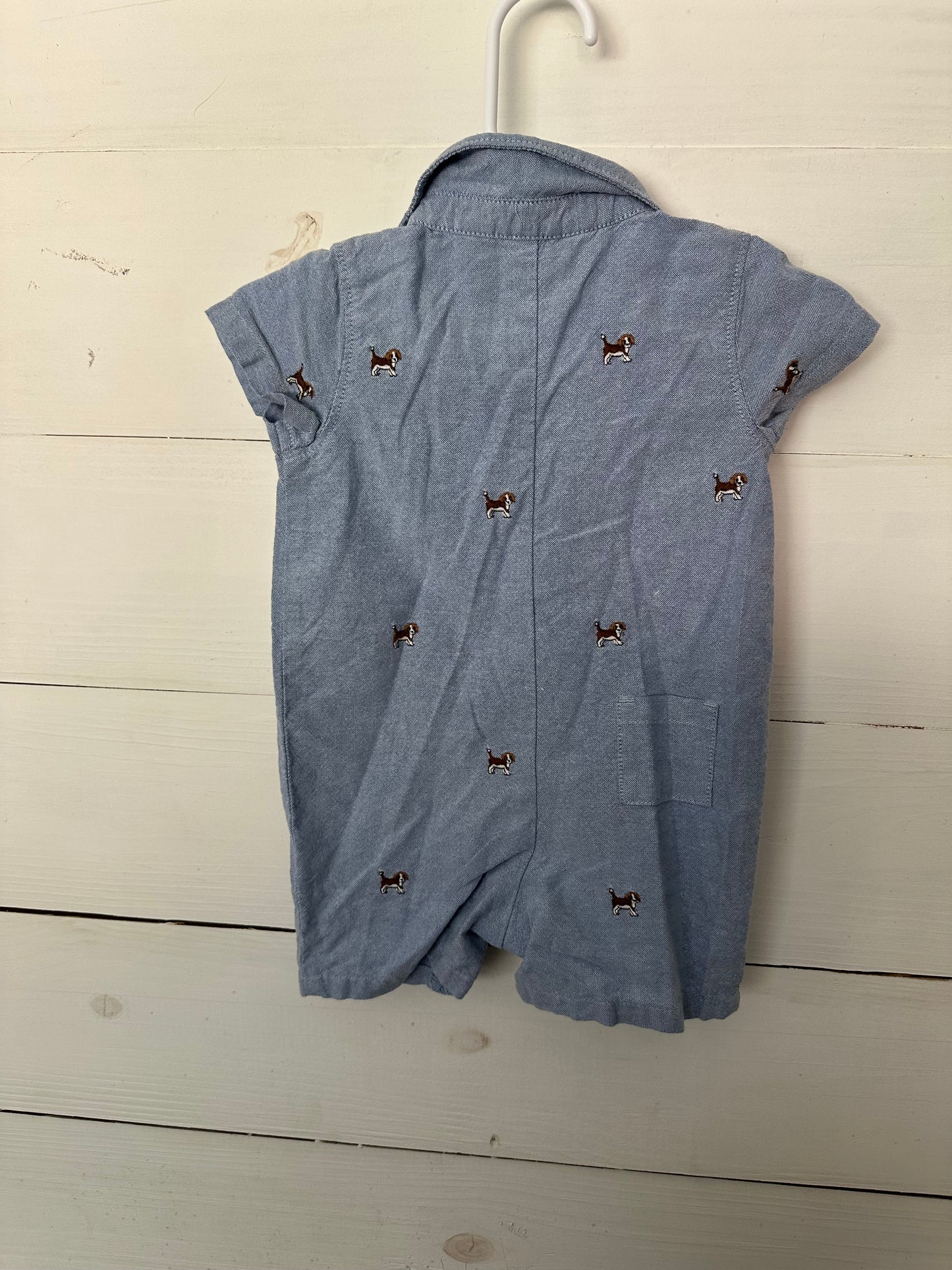Janie and Jack Chambray Romper with embroidered dogs