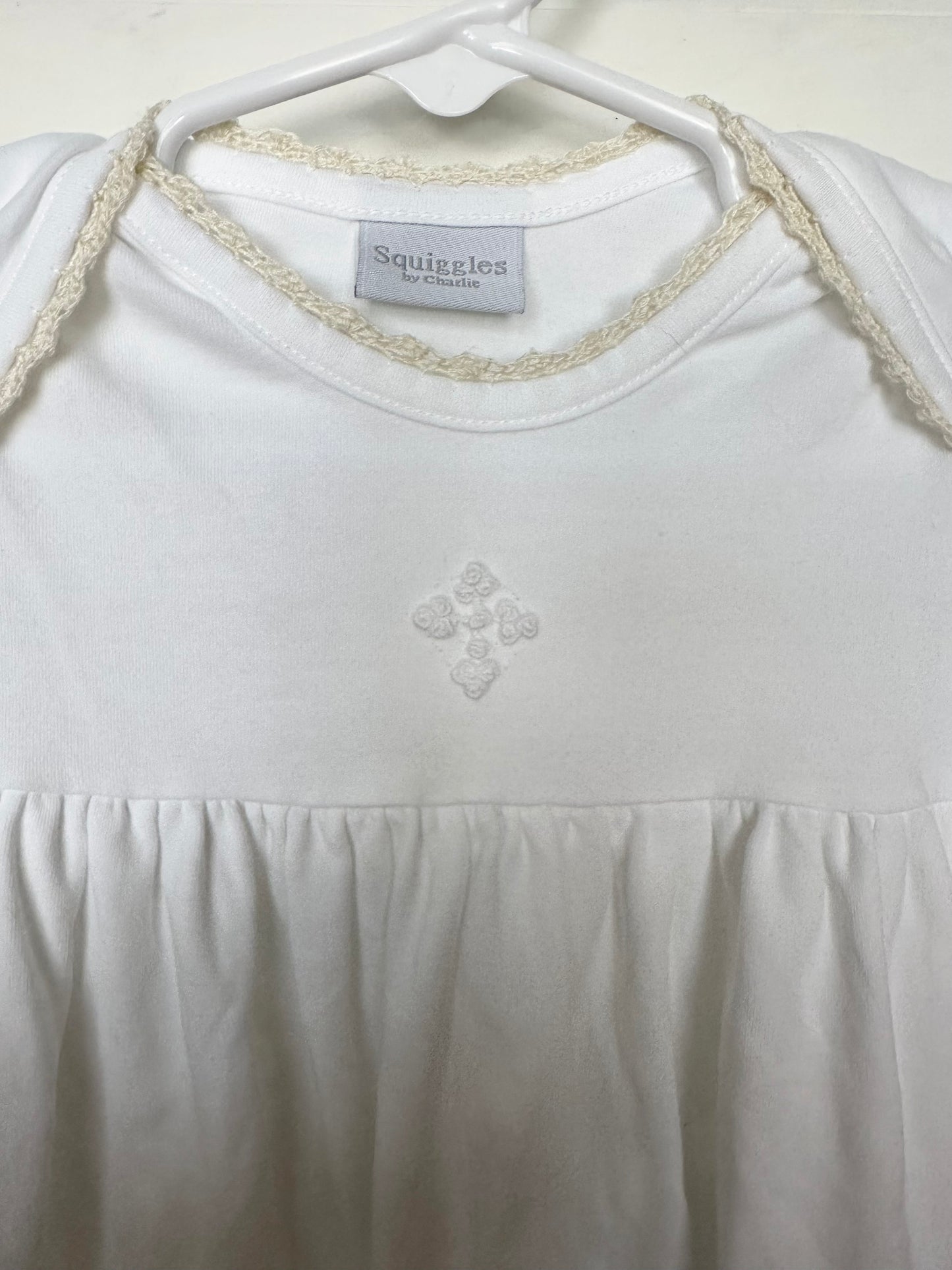 Squiggles by Charlie White Gown with Ivory Lace Trim & Rosebud Cross