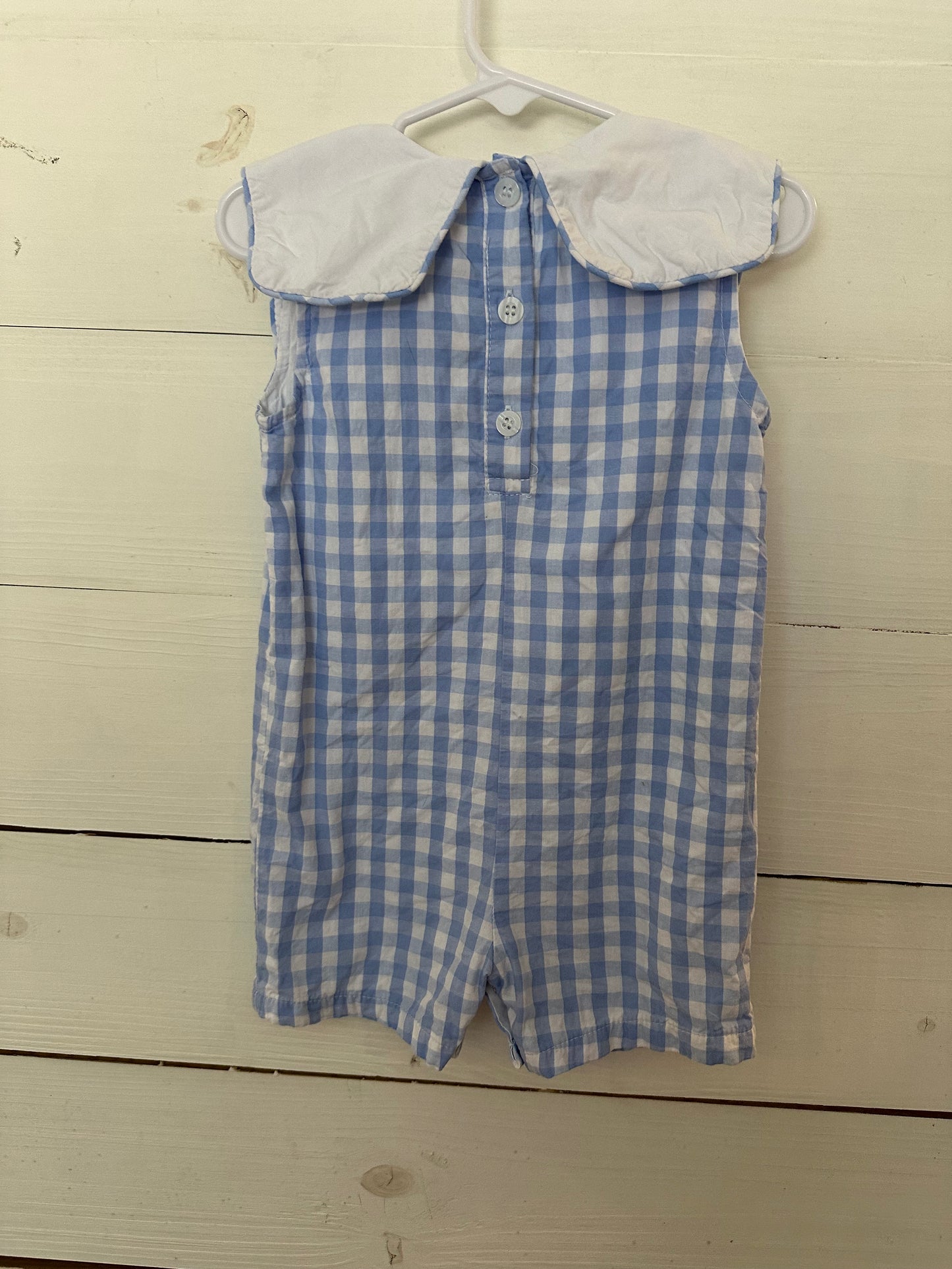 Stitchy Fish: Blue Gingham Romper with Appliques Ducks