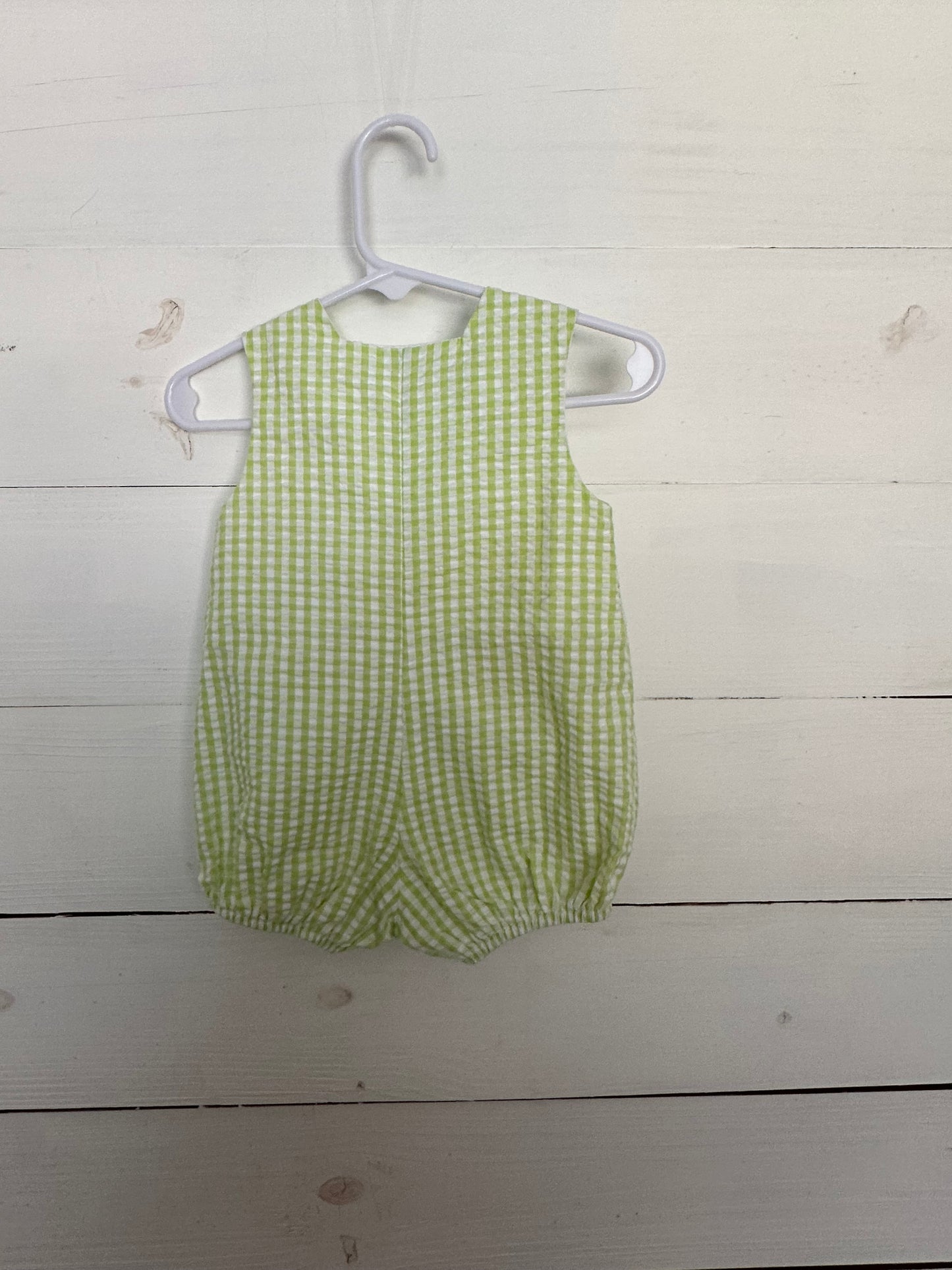 Bailey Boys: Green seer sucker bubble with appliqued Easter chicks and eggs