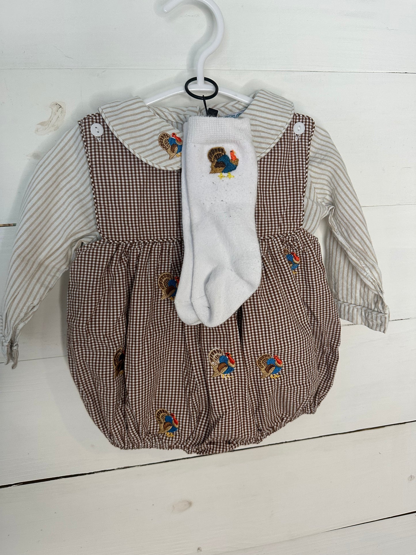 6M - The Smocked Bear Gingham Bubble with Embroidered Turkeys and Matching Undershirt