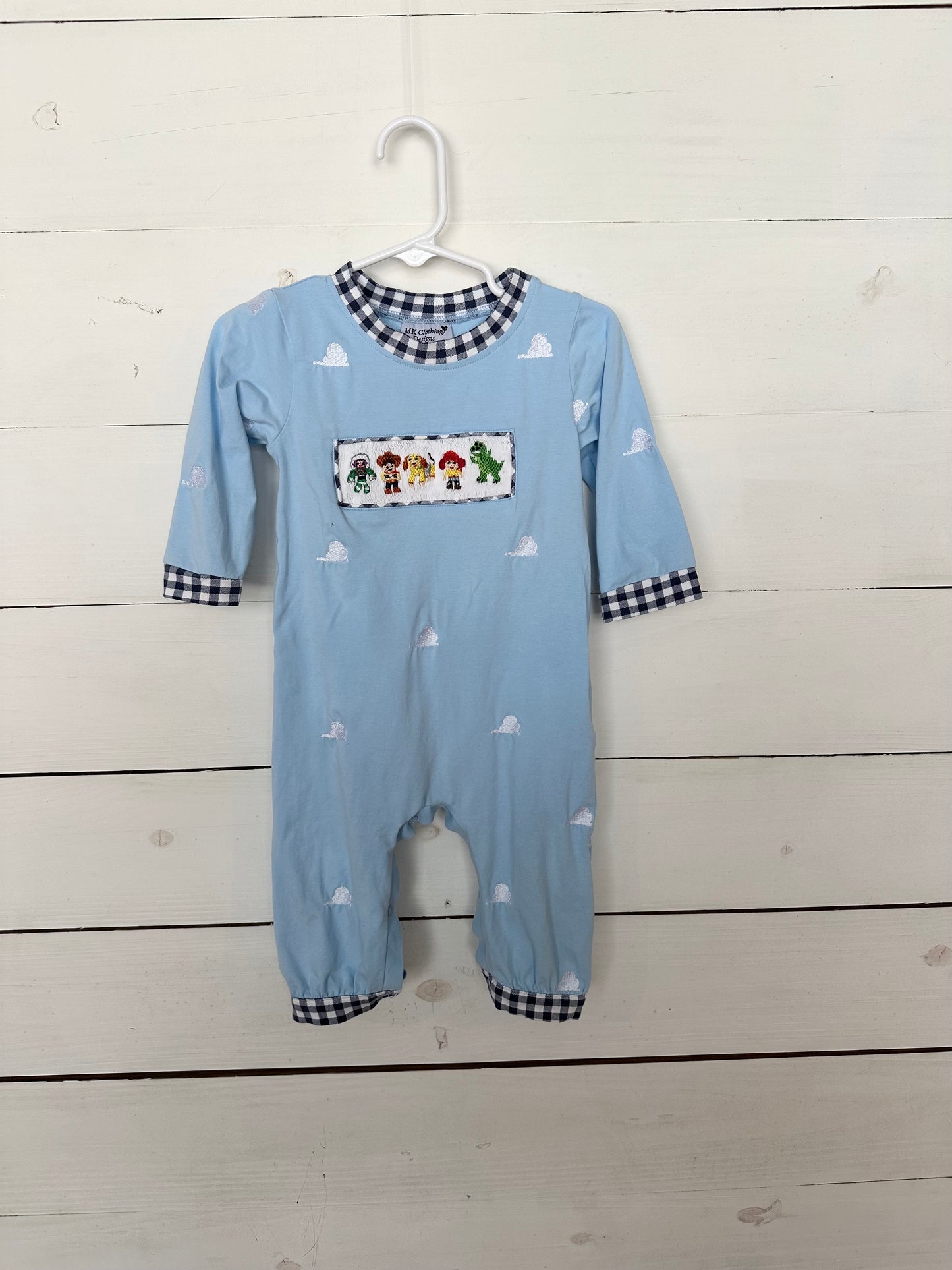 MK Clothing Designs - Smoked Toy Story Characters Baby Blue Romper with Embroidered Clouds and Navy Gingham Details