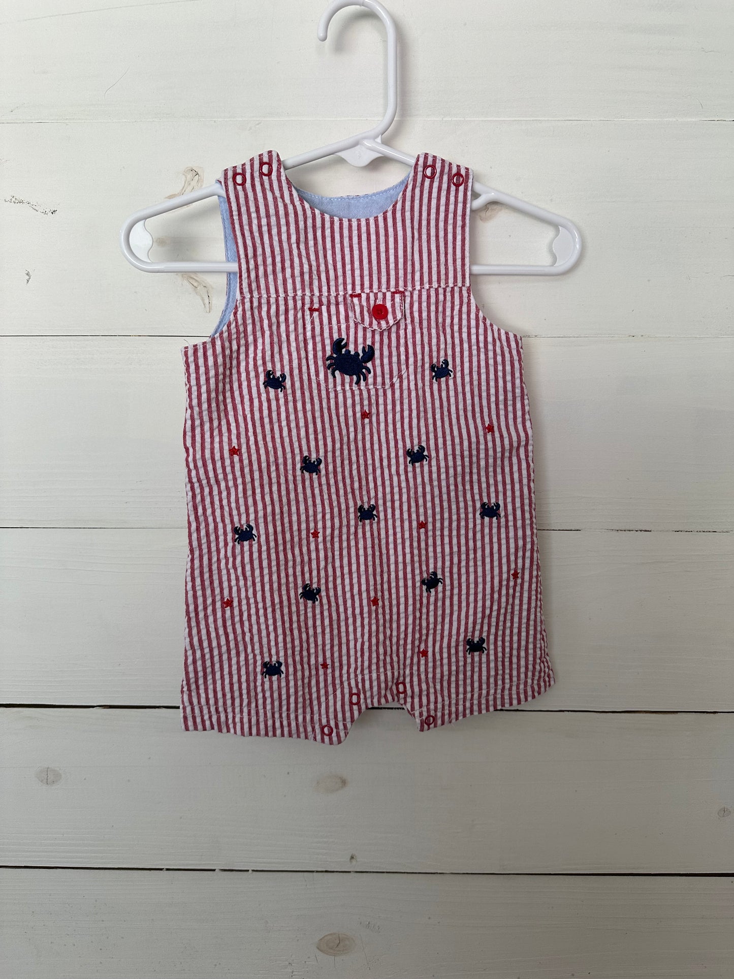 Little Me Red and white stripped seersucker with patriotic crabs and stars