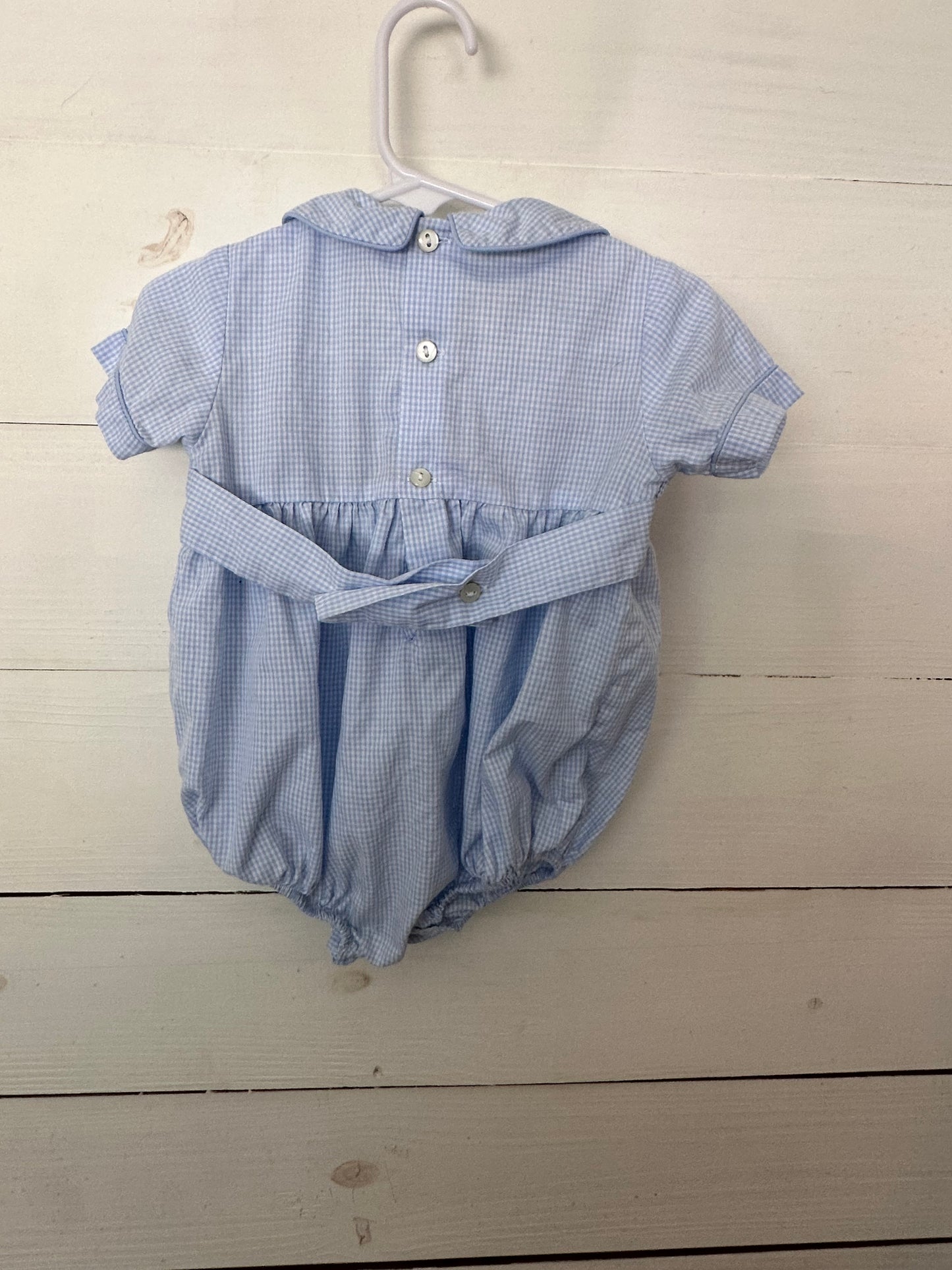 Southern Sunshine: Blue gingham bubble with smocked nativity scene