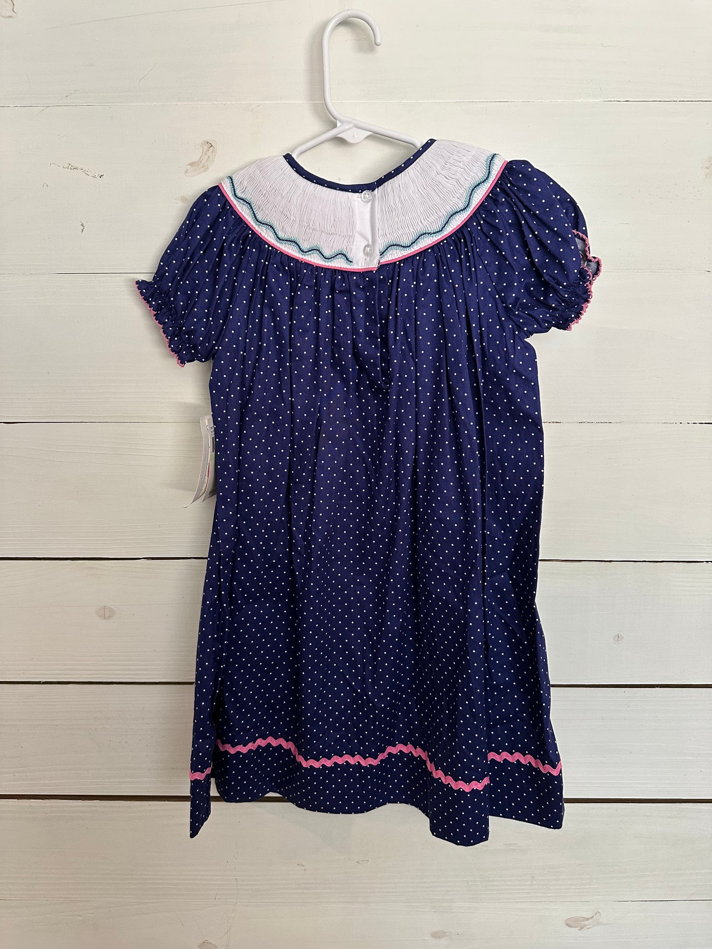 Maxmellata Navy Polka Dots with Smocked Pink Whales