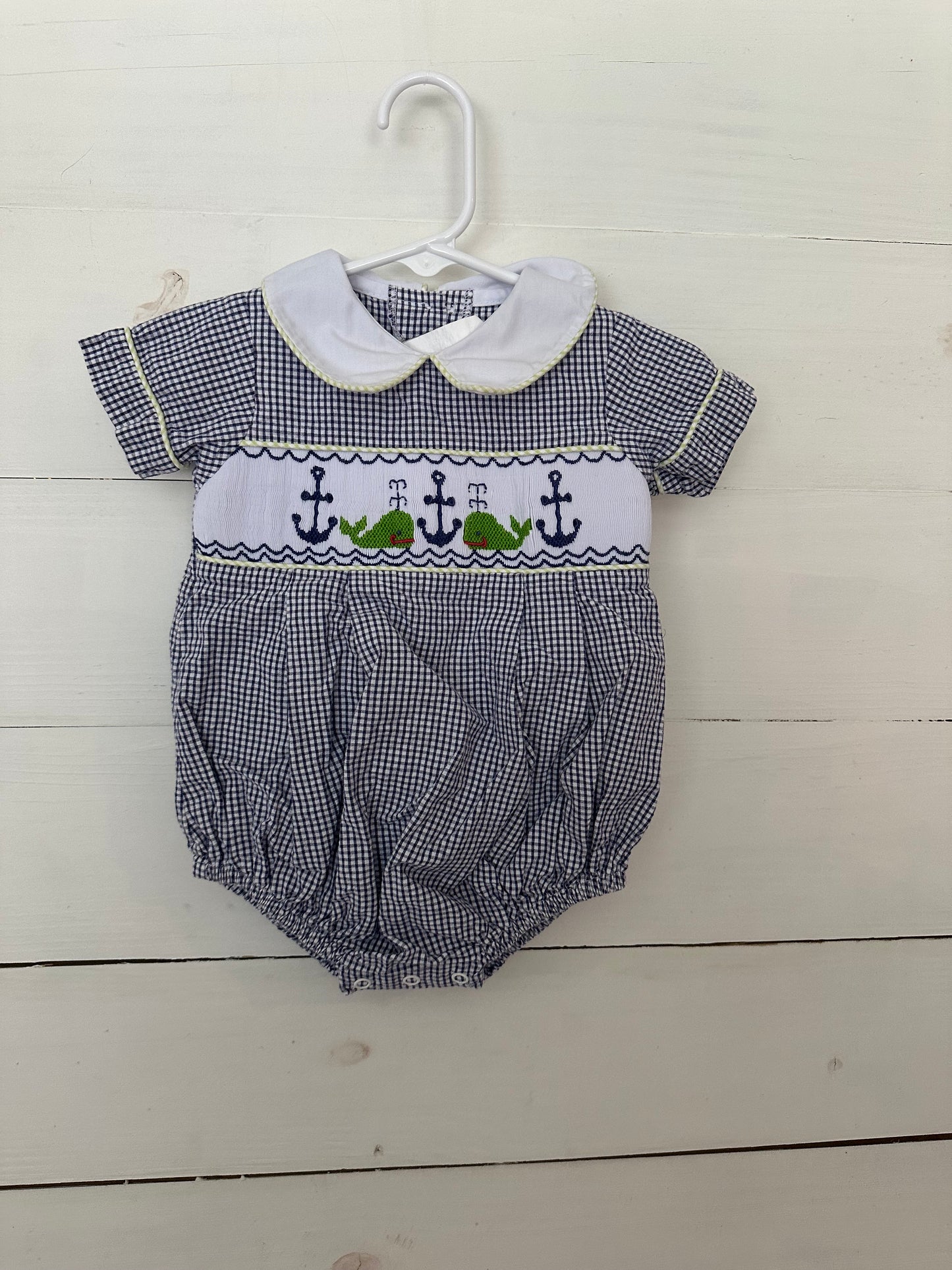 Shrimp & Grits Kids: blue gingham bubble with smocked green whale - peter pan collar and green piping.