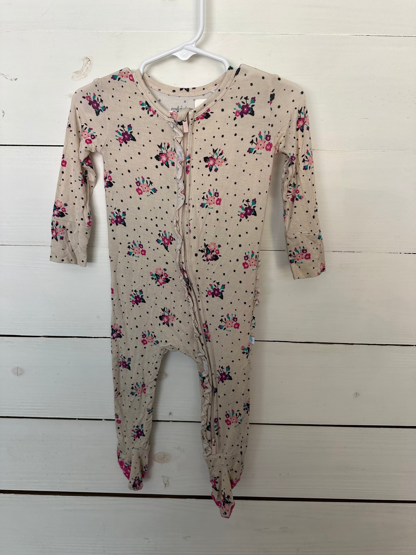 9/12M - Posh Peanut Taupe, Flowers, & Dots Jammies - Grippy Feet, Double Zipper, and Ruffle Butt