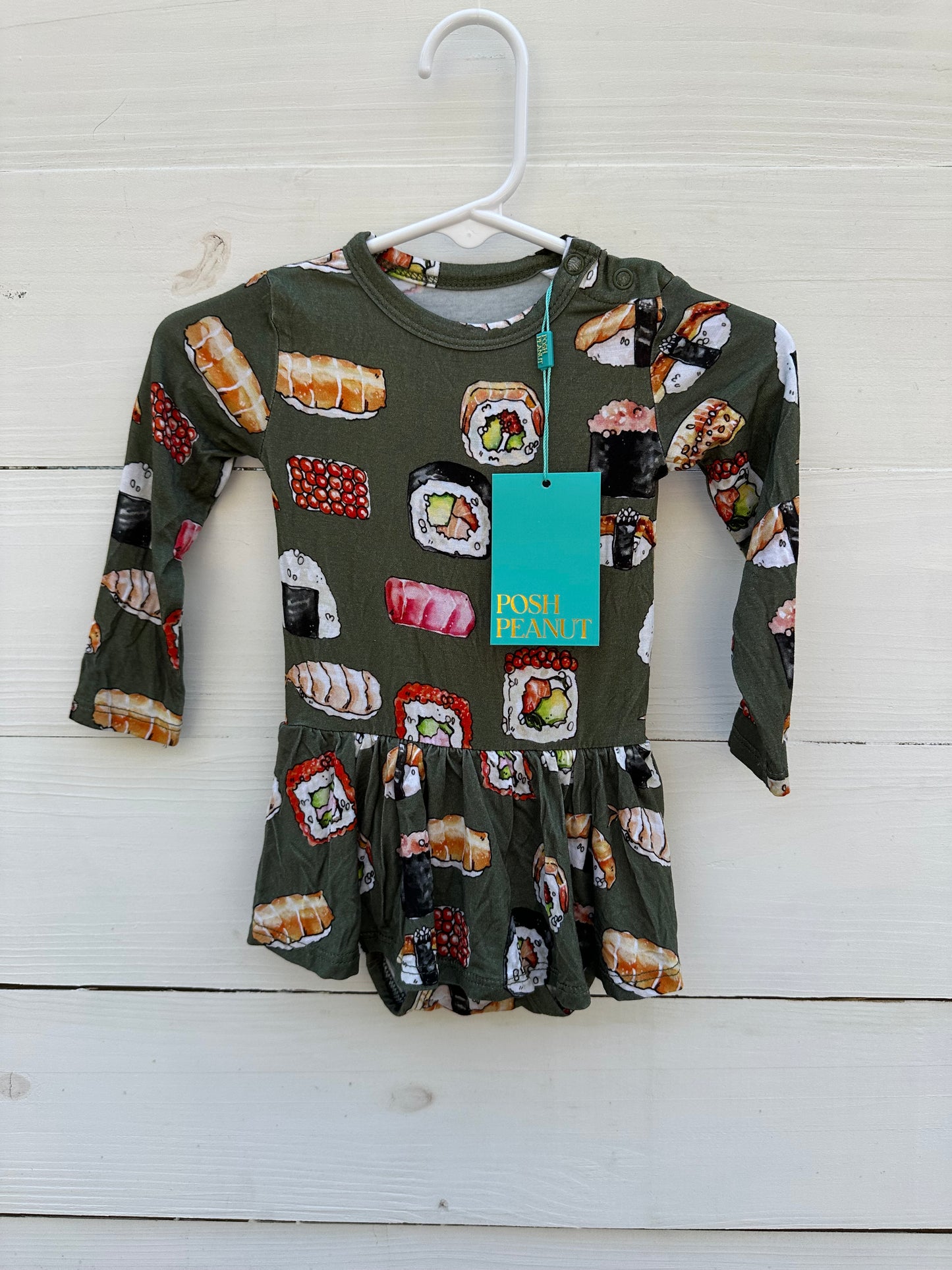 3/6M- Posh Peanut Sushi Long Sleeve Skirted Bubble