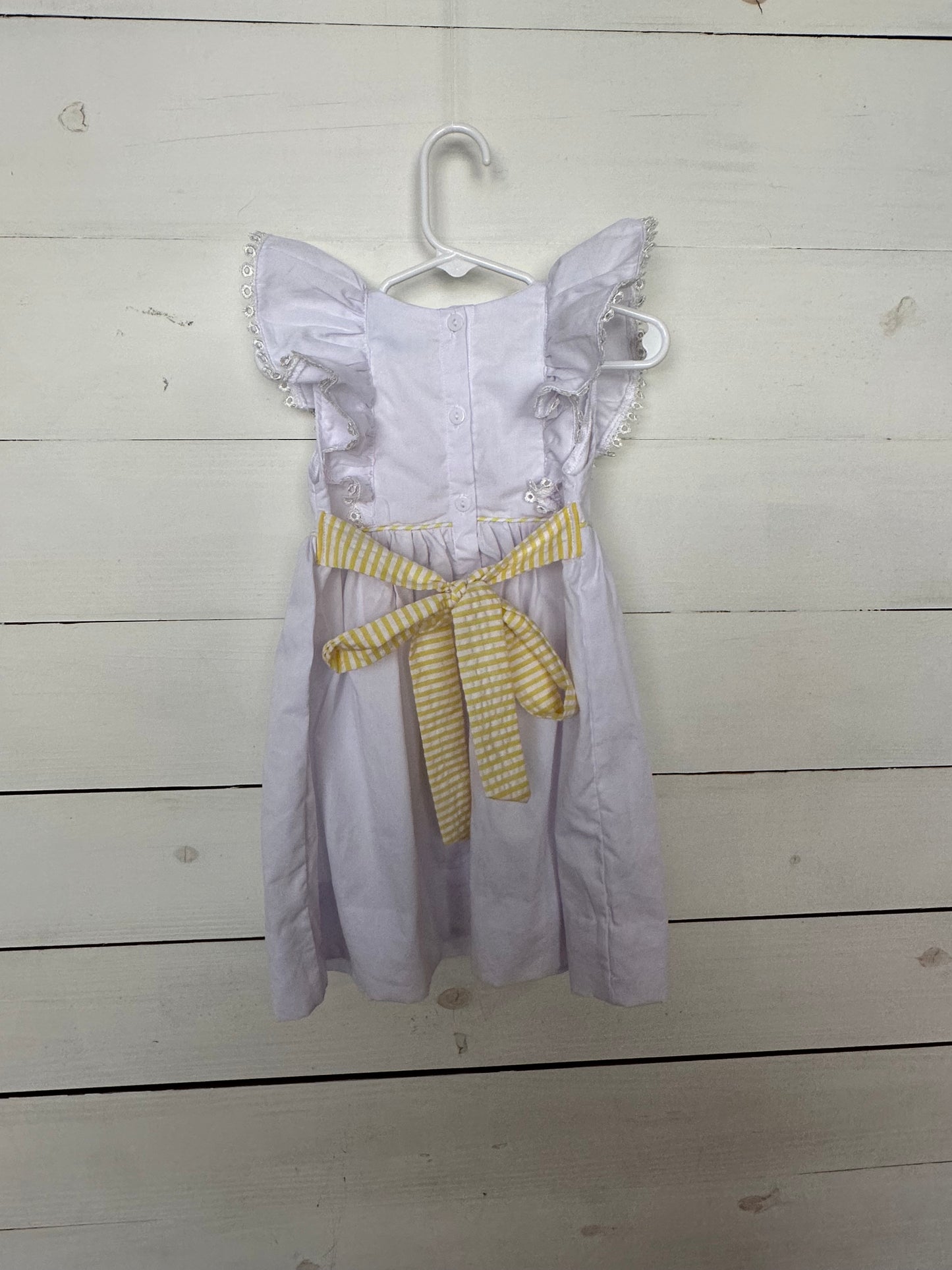 Flynn & Kelsey White Dress with Smocked Easter Bunnies & Flutter Sleeves