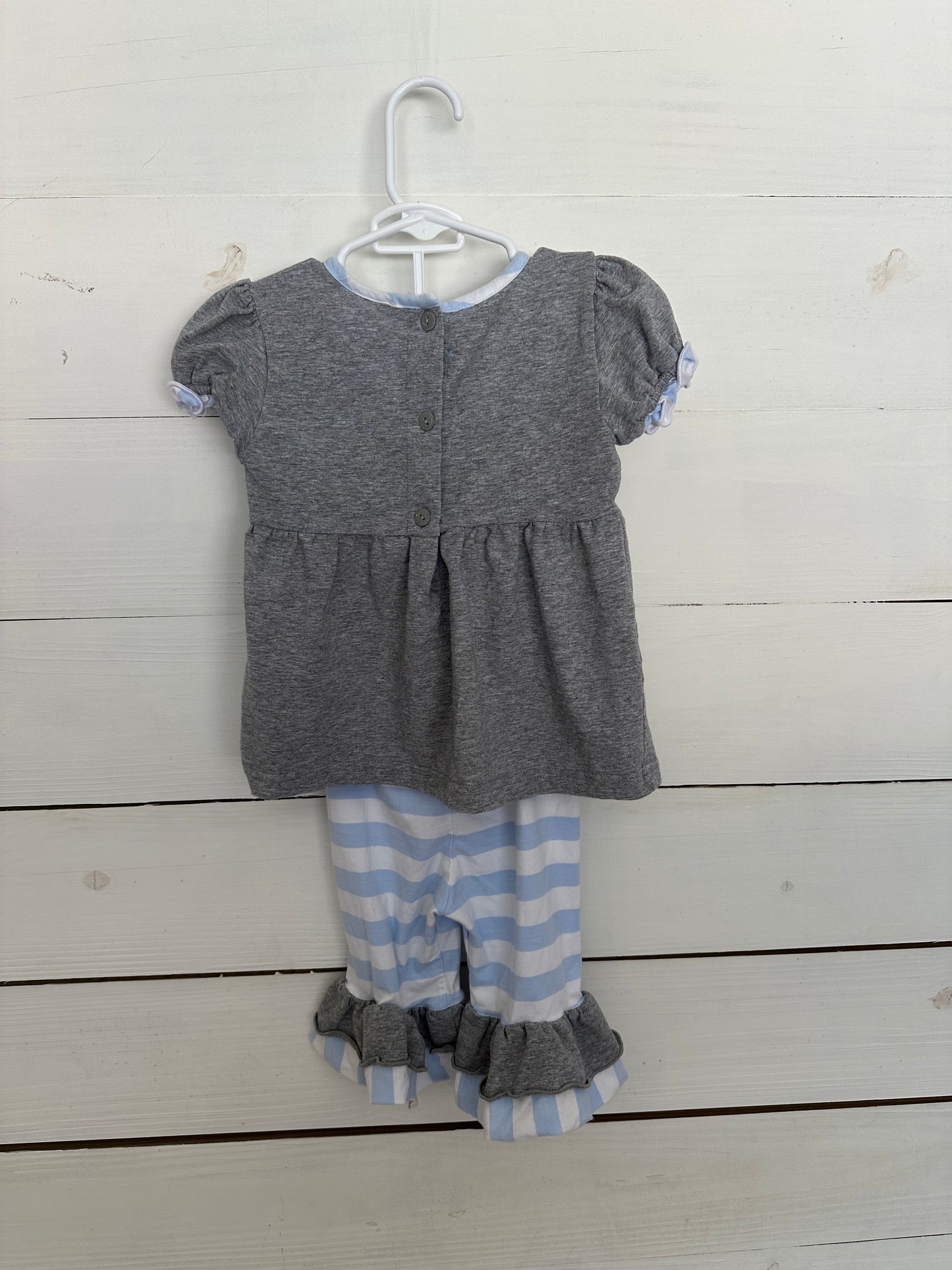 Busy Bee's Girls 2 Piece Set Grey Baby Doll Top with Smocked Cows and Light blue details with matching Ruffle Pants