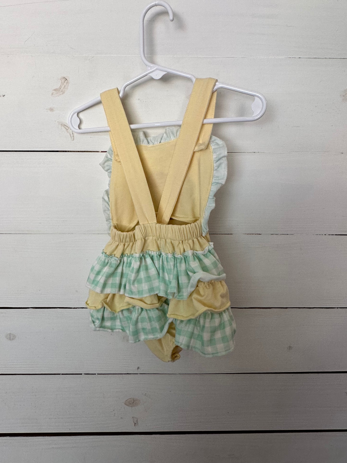 2T- Yellow Appliqued Puppy Dog Bubble with Mint Gingham Details