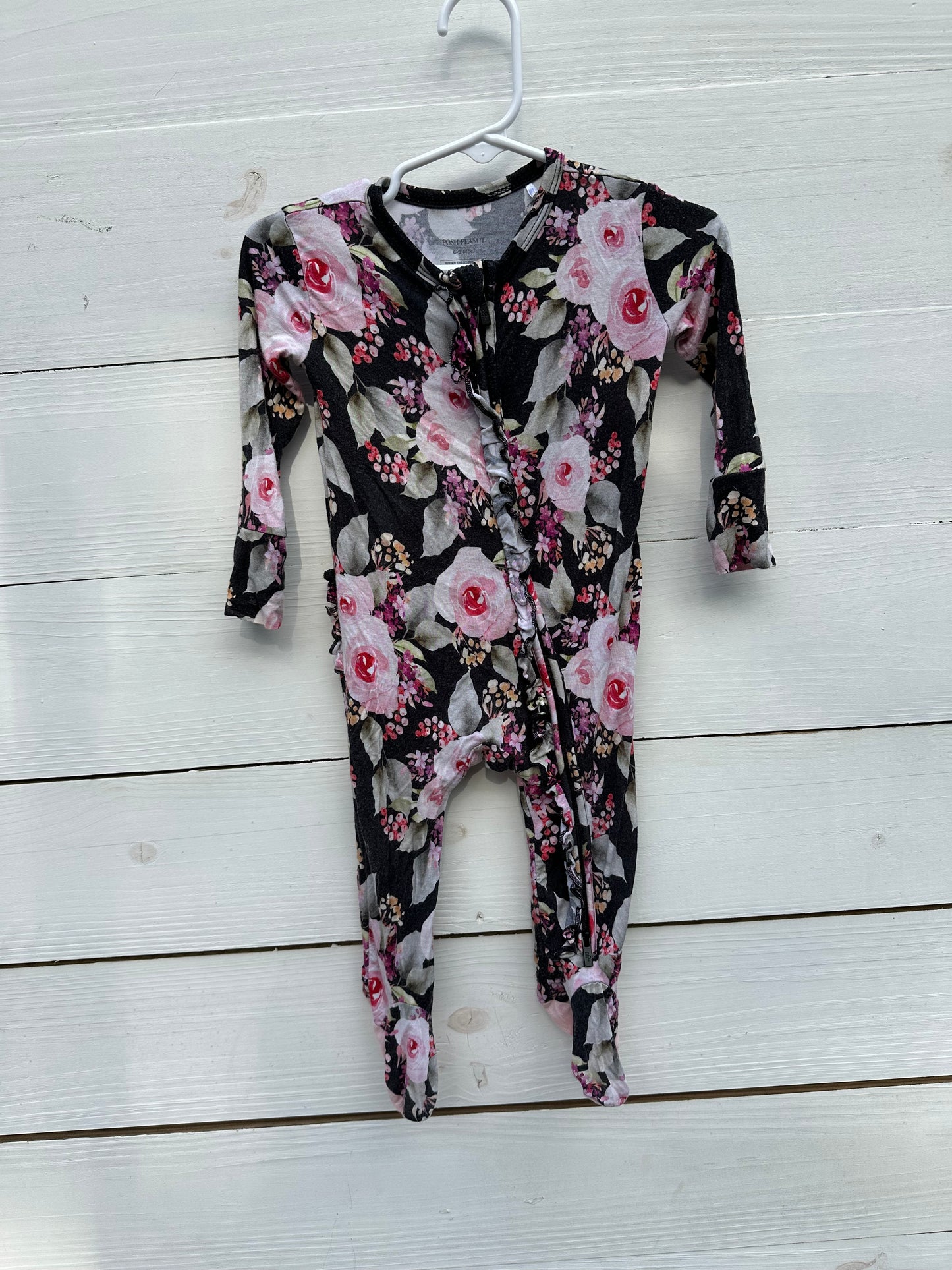 6/9m - Posh Peanut Black and Pinks Floral Jammies - Grippy Feet, Double Zipper, and Ruffle Butt