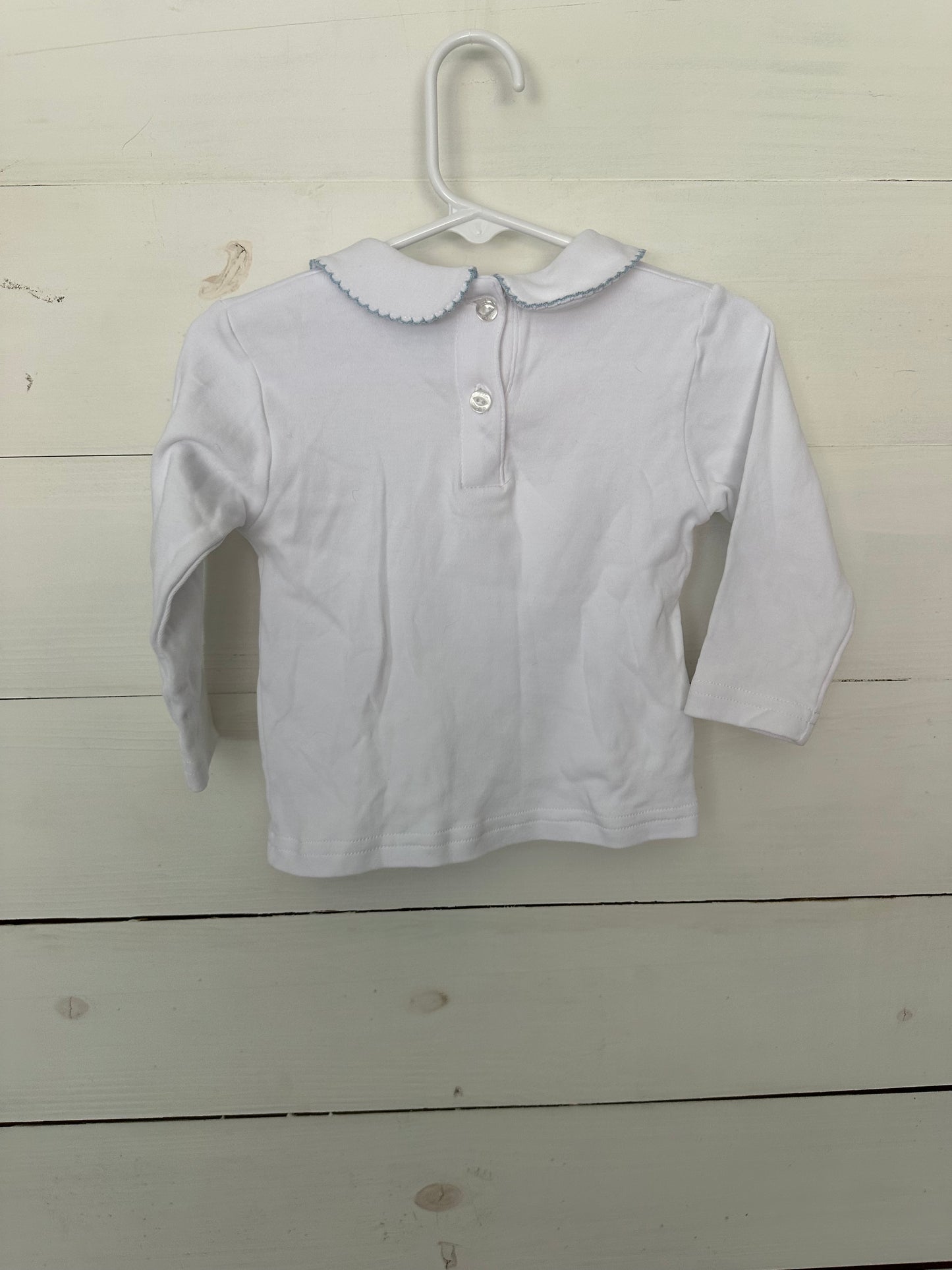 Little English: White peter pan collar shirt with blue stitching on collar and embroidered tan Scotties with blue collars
