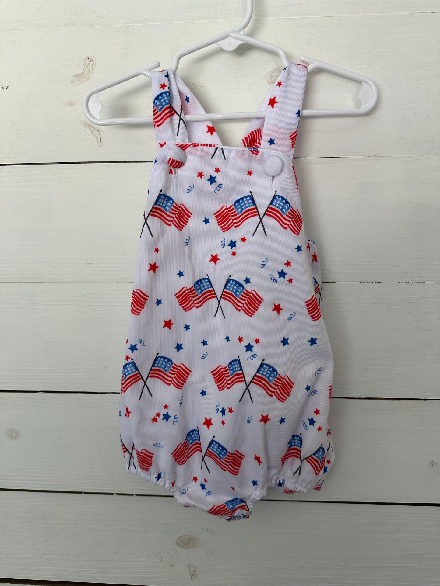 18m - The Smocking Place - American Flag Sunsuit - 2 buttons on straps to adjust fit