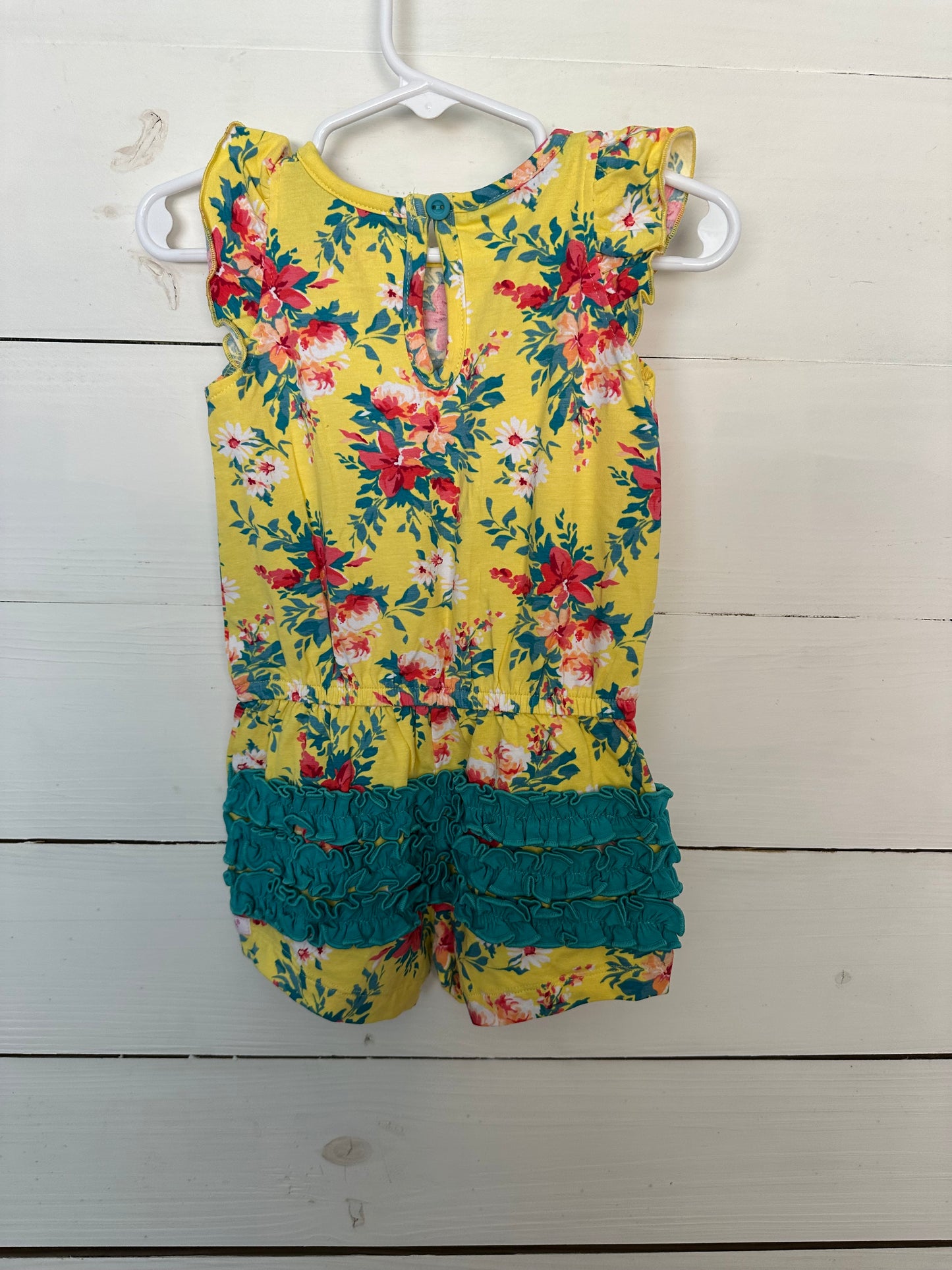 18M - Yellow with Red/Coral Flowers - Romper with Ruffled butt