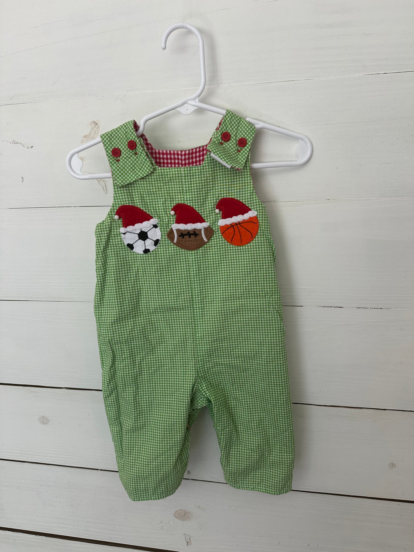 The Bailey Boys - Reversible Overalls Red Gingham with white dog - green gingham with sports balls with santa hats