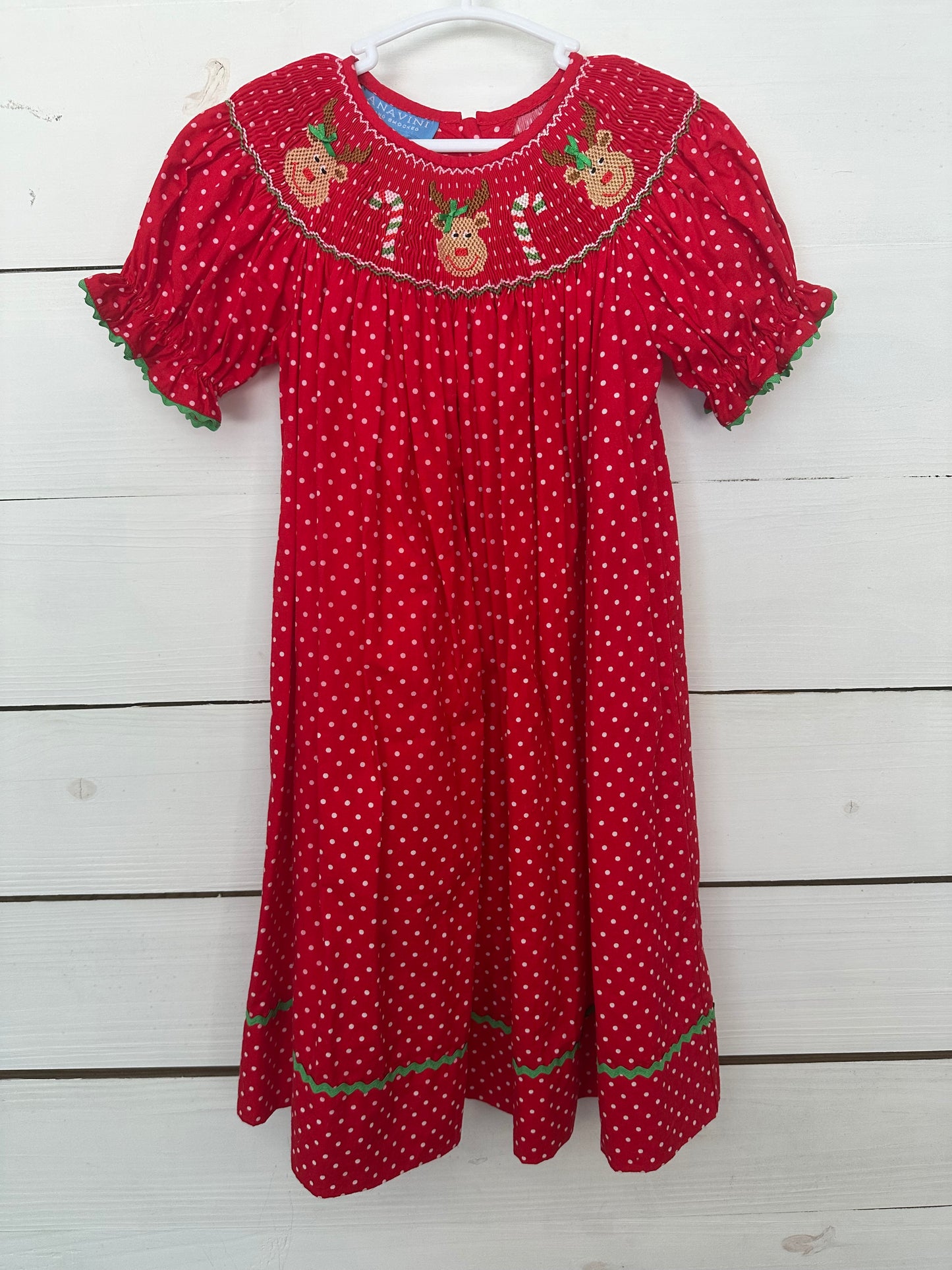 3T - Anavini - Smocked Reindeer Red Polka Dot Bishop Dress