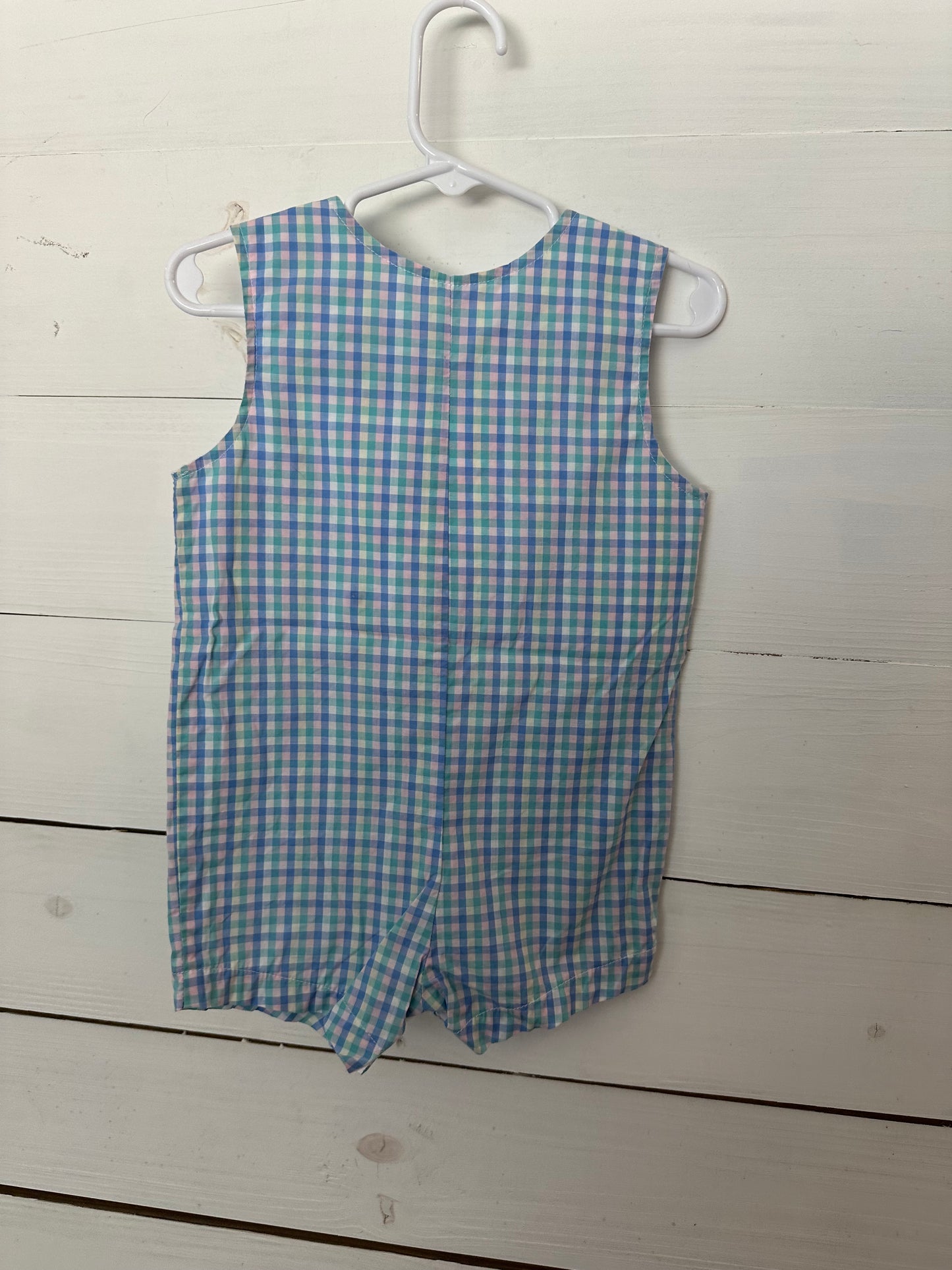 Funtasia! Spring Gingham Jon Jon with appliqued bunny button on chest plate and secondary plain ginham plate - versatile