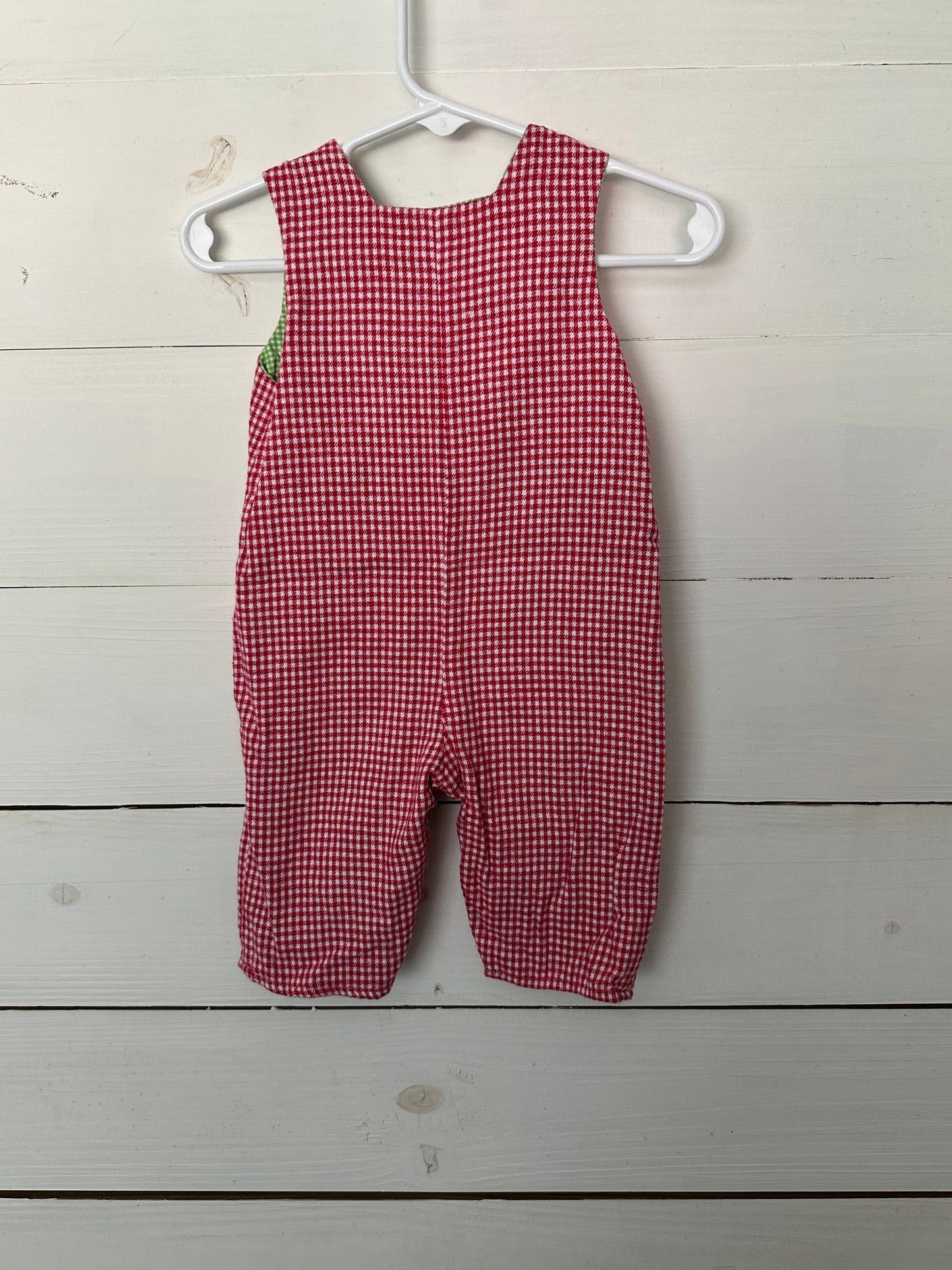 The Bailey Boys - Reversible Overalls Red Gingham with white dog - green gingham with sports balls with santa hats