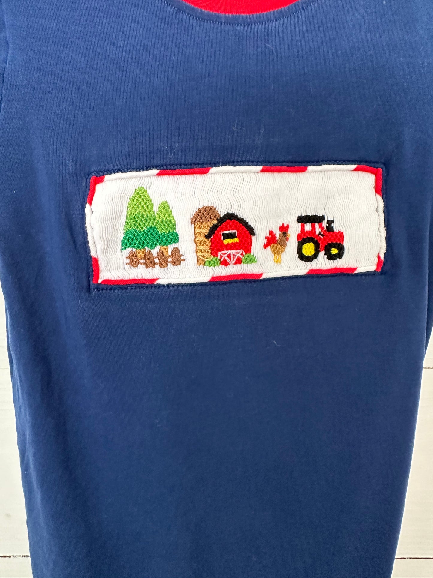 9M- Navy Blue Farm Animal Smocked Romper - Busy Bee Smocks