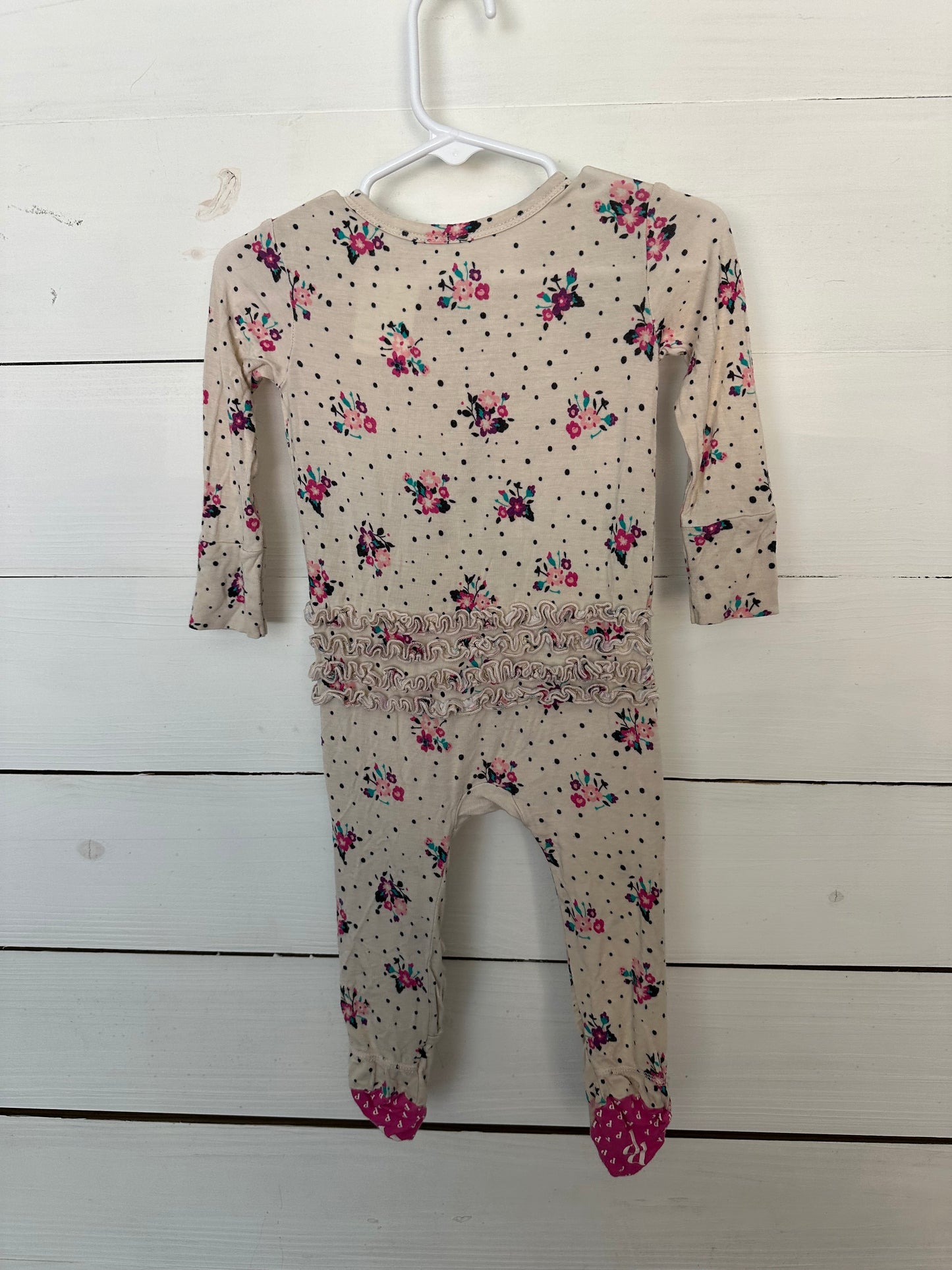 9/12M - Posh Peanut Taupe, Flowers, & Dots Jammies - Grippy Feet, Double Zipper, and Ruffle Butt
