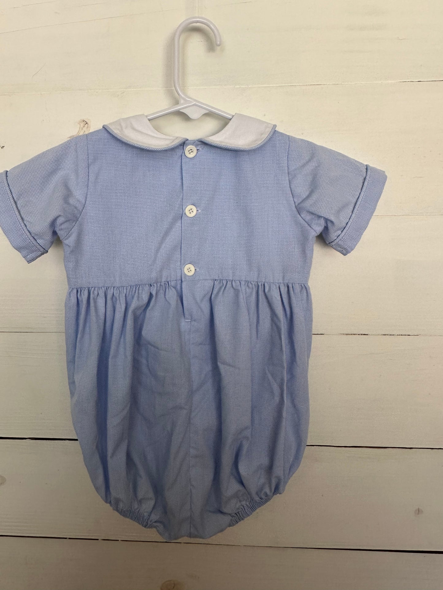 Remember Nguyen: Blue gingham romper with smocked puppies and peter pan collar