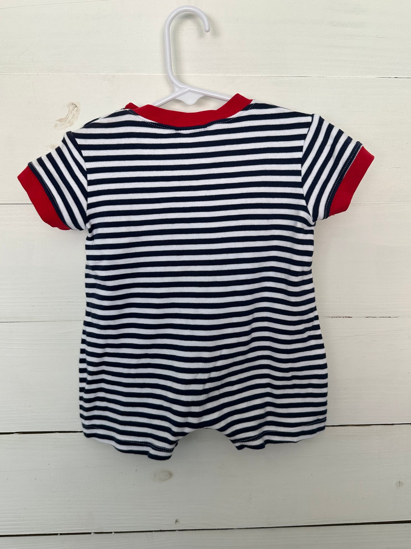 Claire and Charlie: Navy Striped Romper with Appliqued Fish