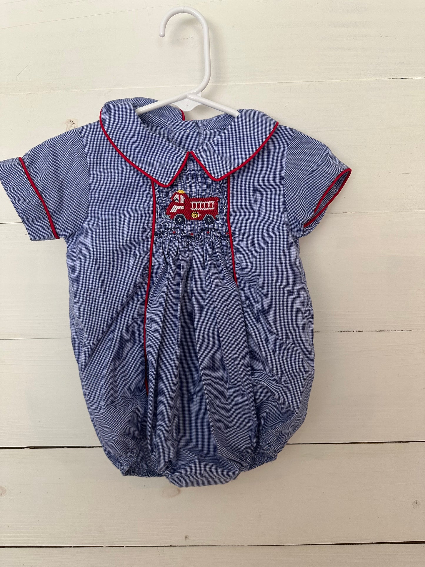 Little English: Navy blue mini gingham bubble with smocked firetruck and peter pan collar