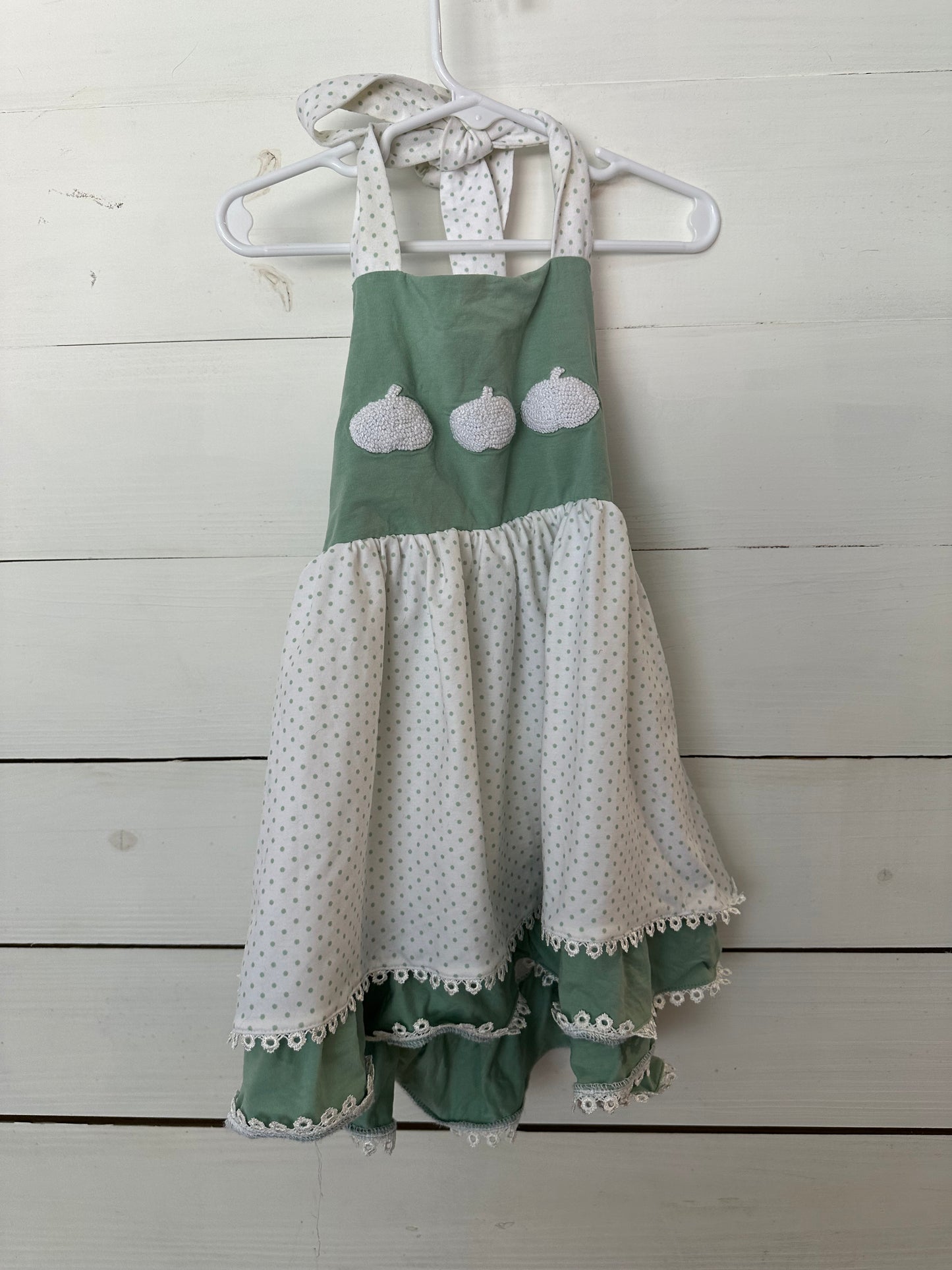 Saving Grace Smocks Sage Green French knot white pumpkin halter dress