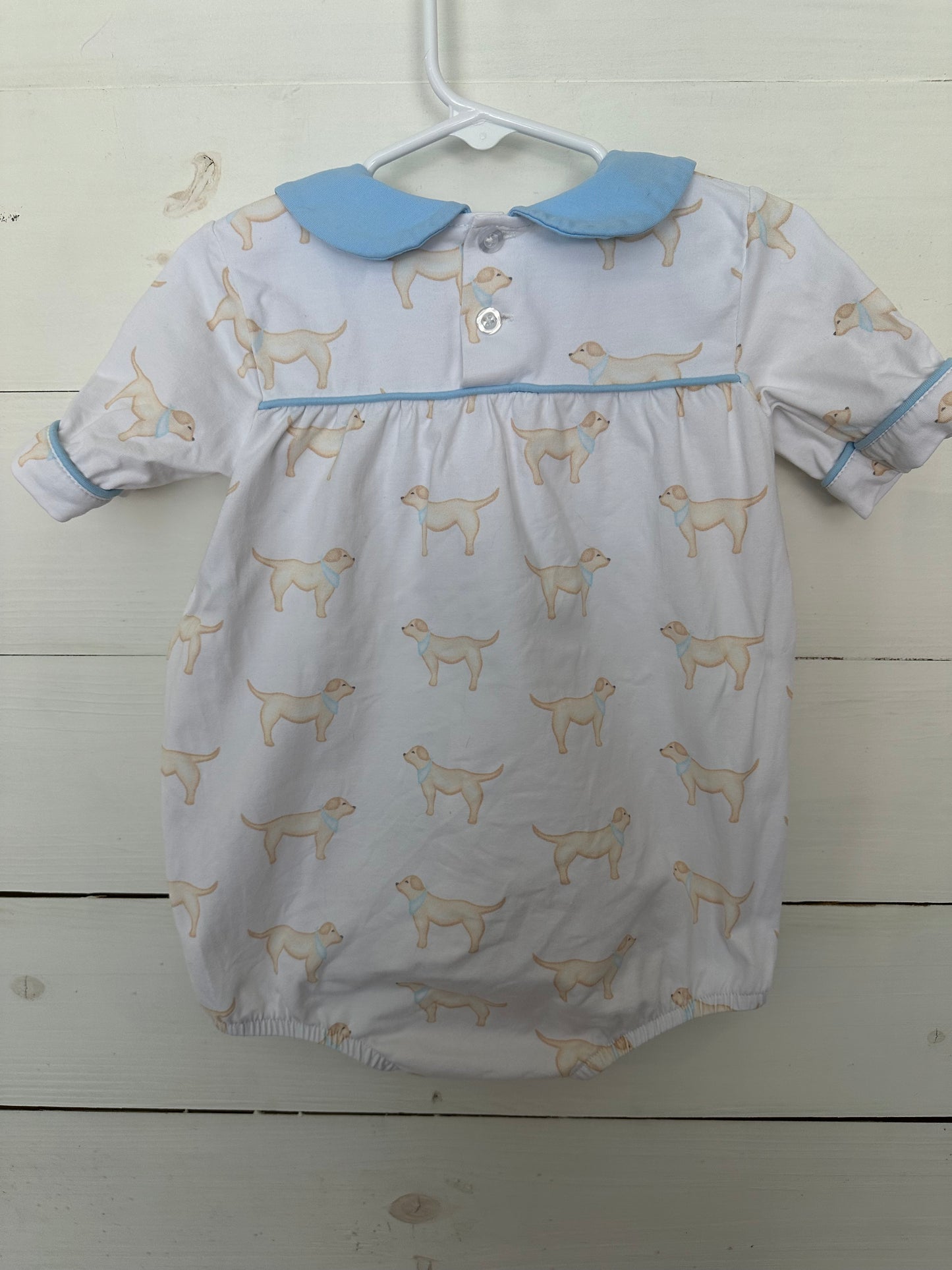 Stitchy Fish: Yellow lab bubble with peter pan collar and baby blue trim
