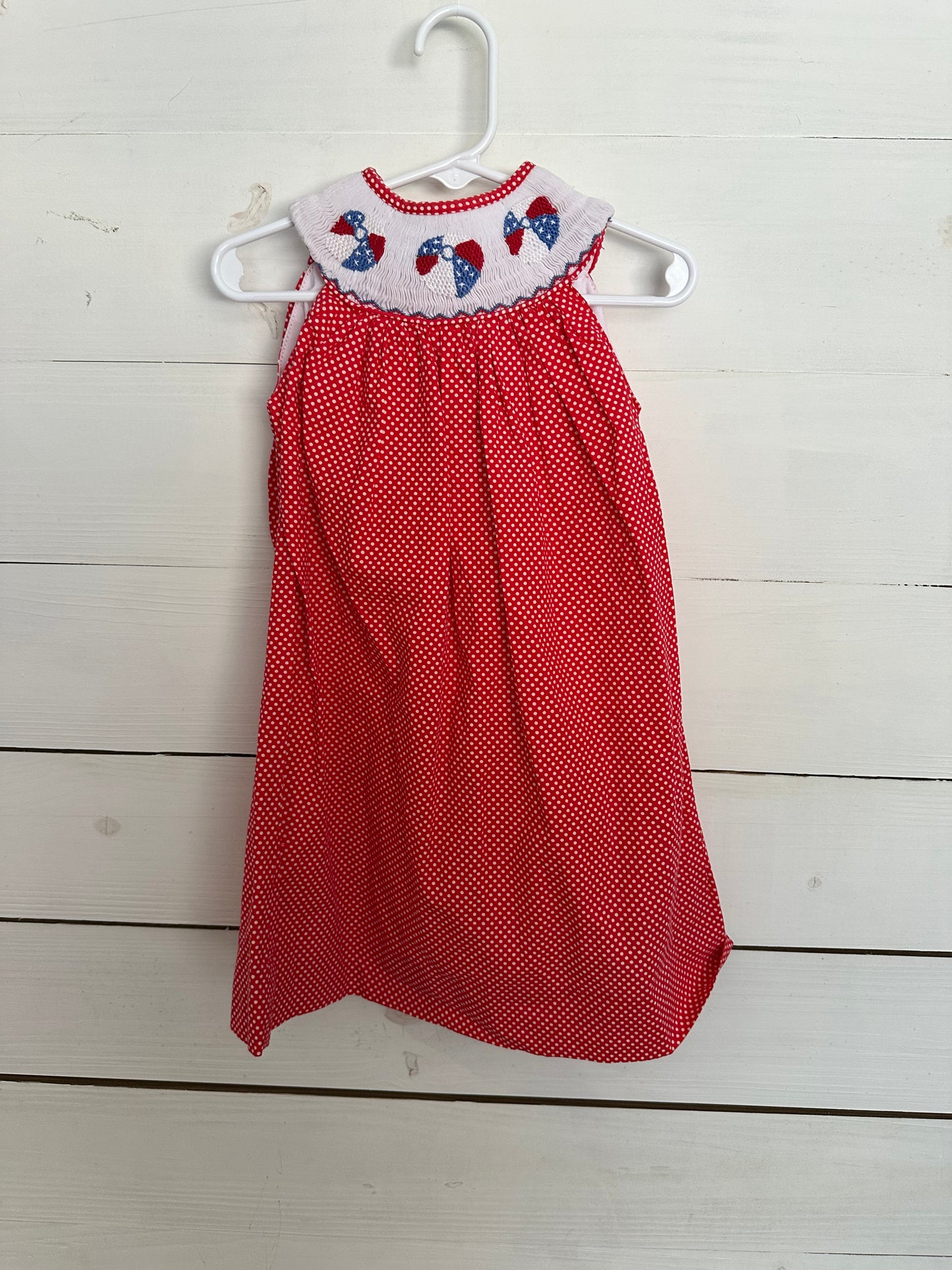 Marjorie's Daughter Red Polka Dot Bishop Dress with Smocked Patriotic Beach Balls