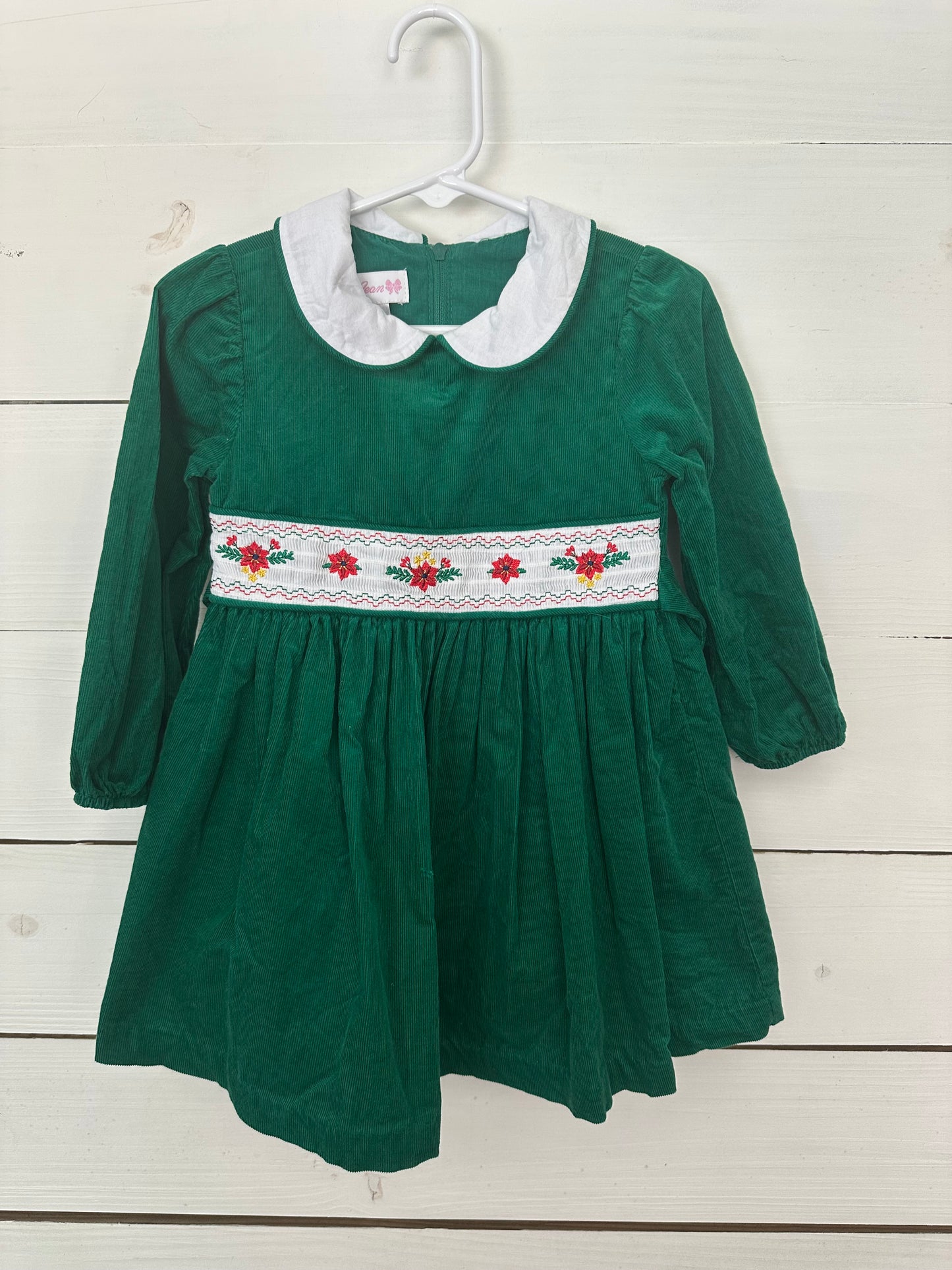2T - Bonnie Jean Green Christmas Dress with smocked poinsettias and zip up back