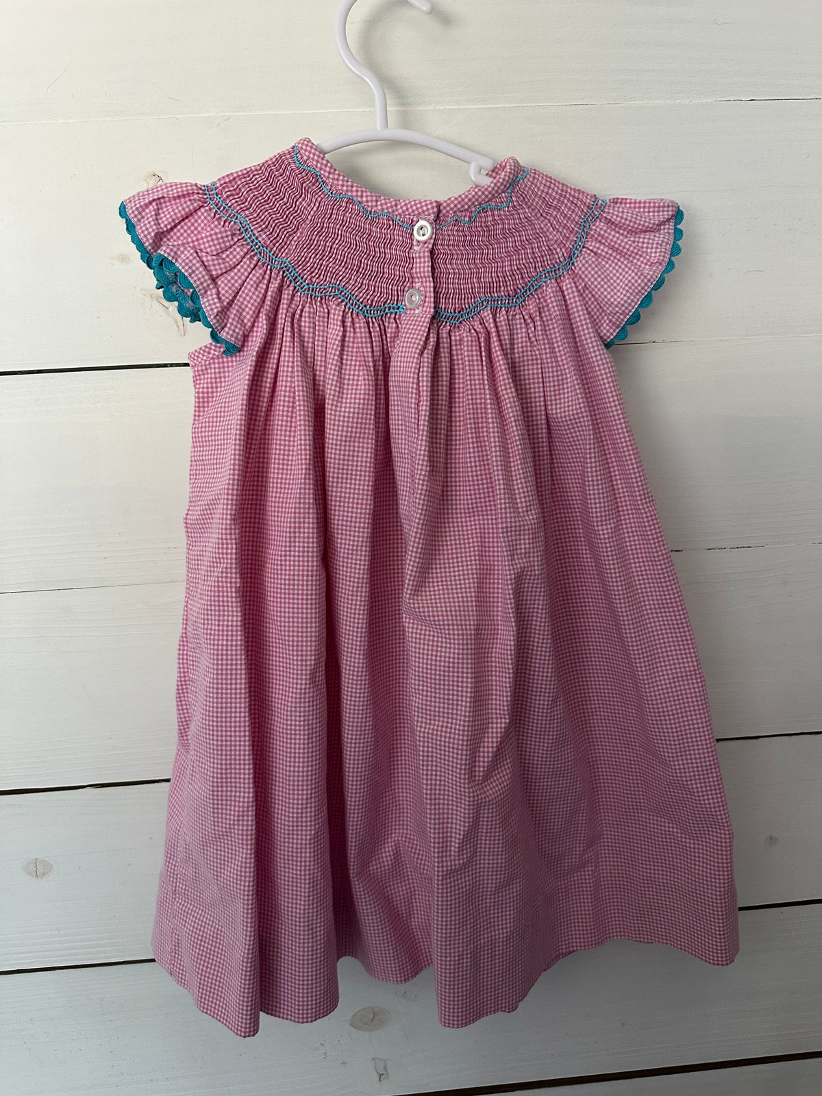 18M - Shrimp & Grits Pink Gingham Bishop Dress with Smocked Seahorses