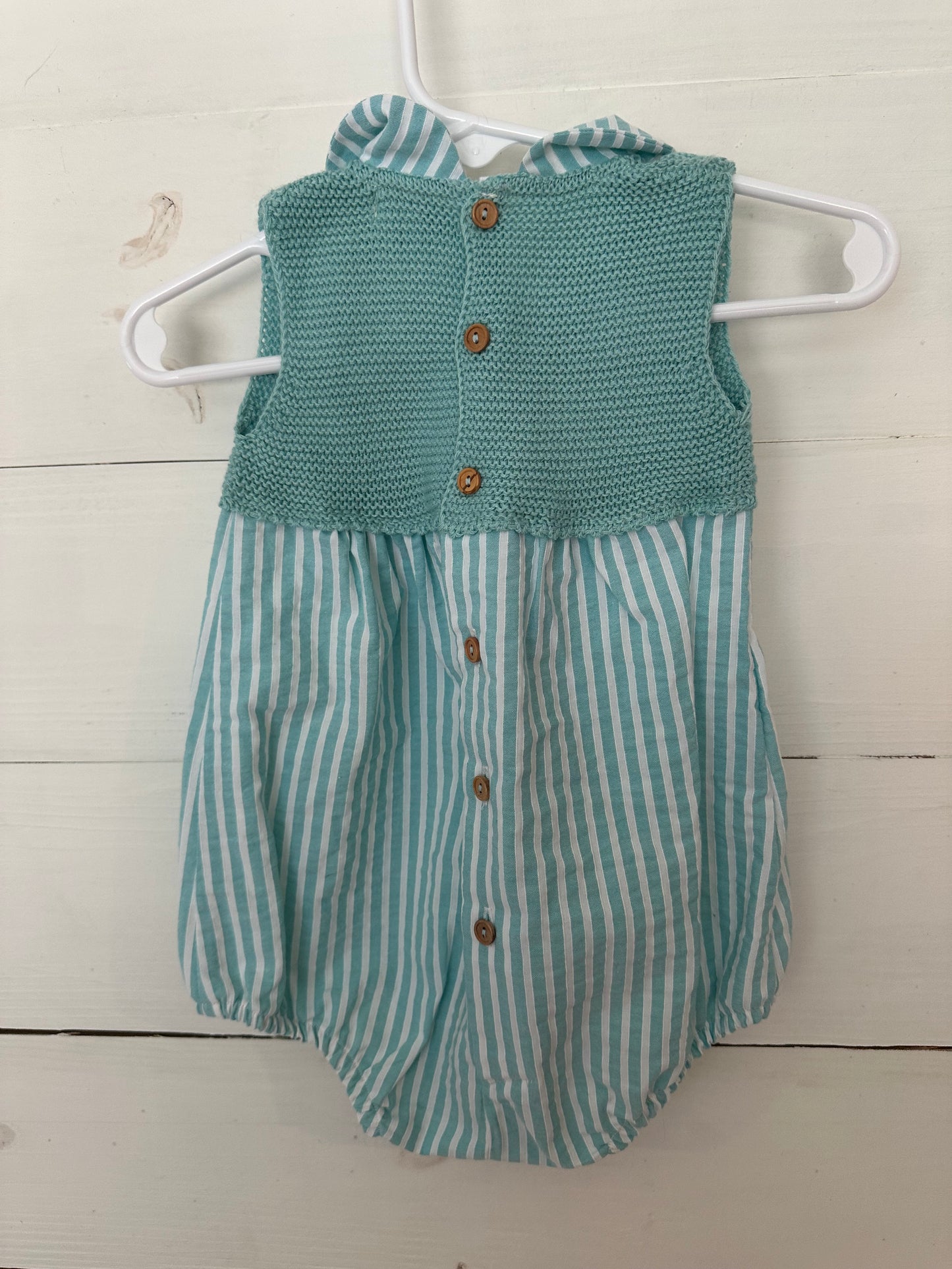 Mi Lucero: Green and white striped bubble with knit chest and peter pan collar