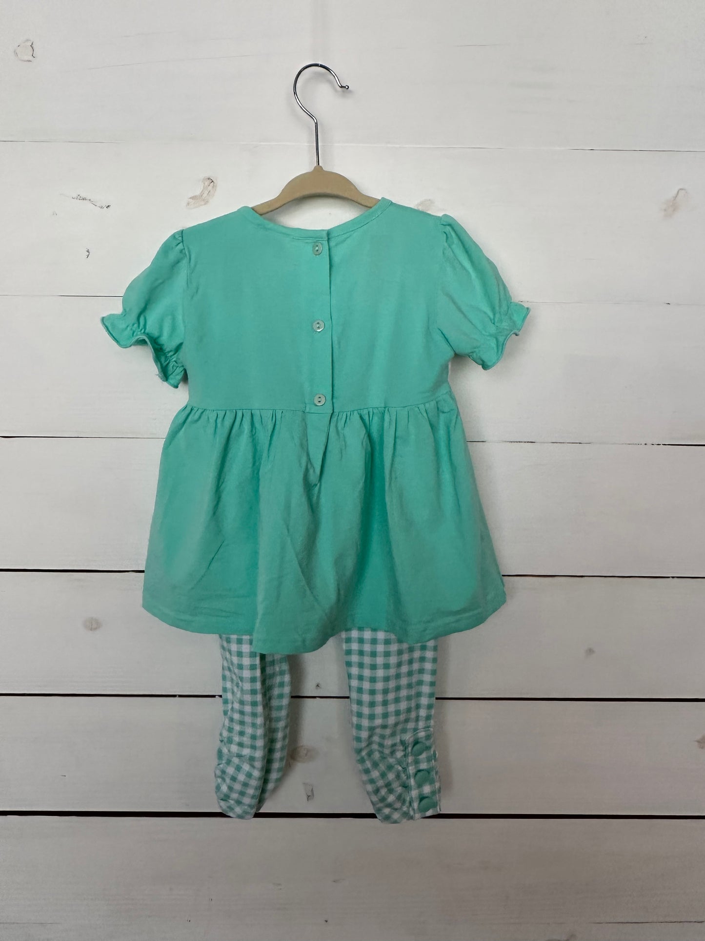 MK Designs Mint Green Baby Doll Top with Smocked Pumpkins and Matching Gingham Leggings