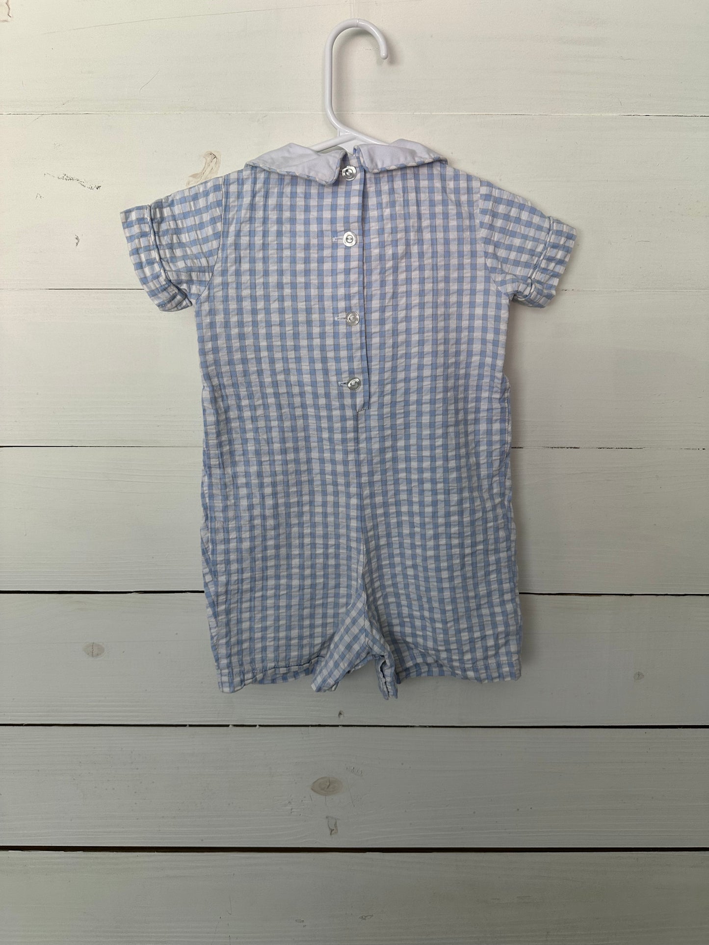 Zuccini Romper - Blue and tan gingham with monkey and palm tree smock with peter pan collar