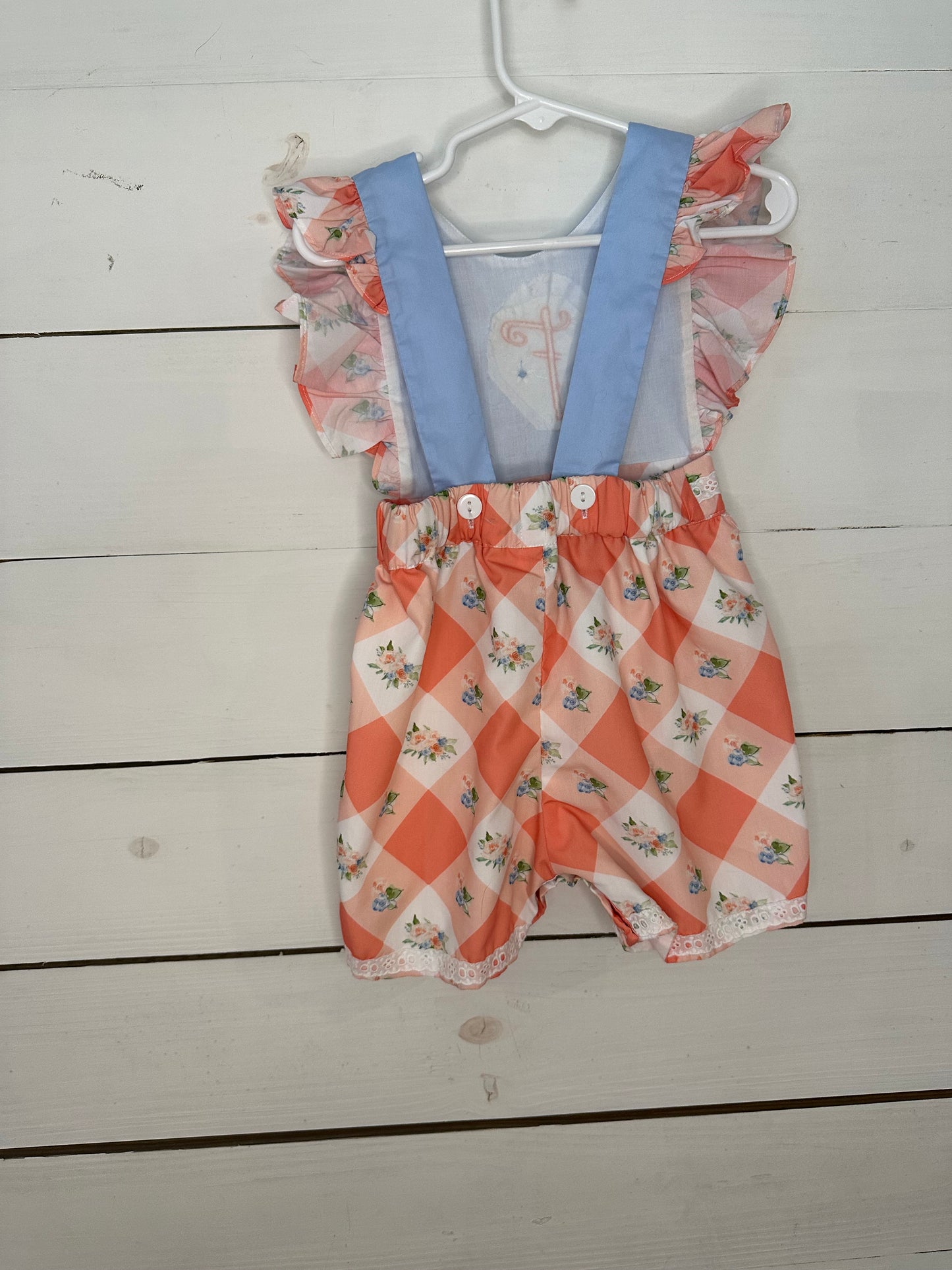 2T - Busy Bee Smocks - Blue and Pink Romper with F personalization