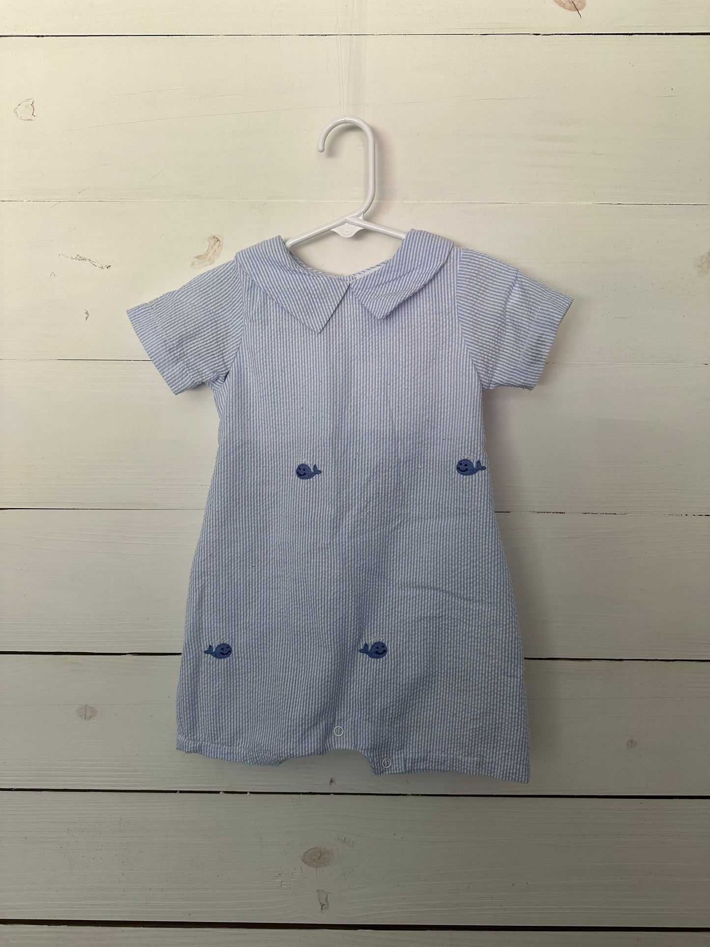 Lil Cactus Seersucker Romper with Peter Pan Collar & Embroidered Whales