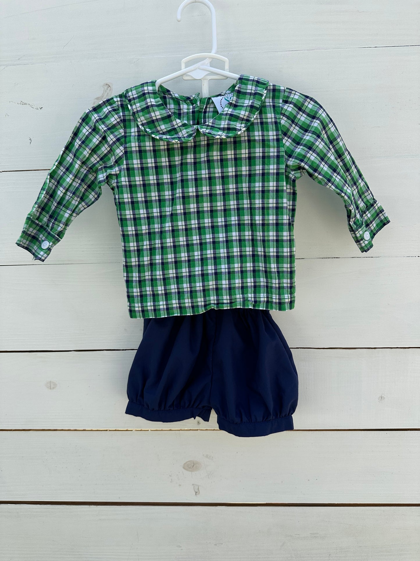 9M - Smocked South Green and Navy Dressy 2 Piece Outfit