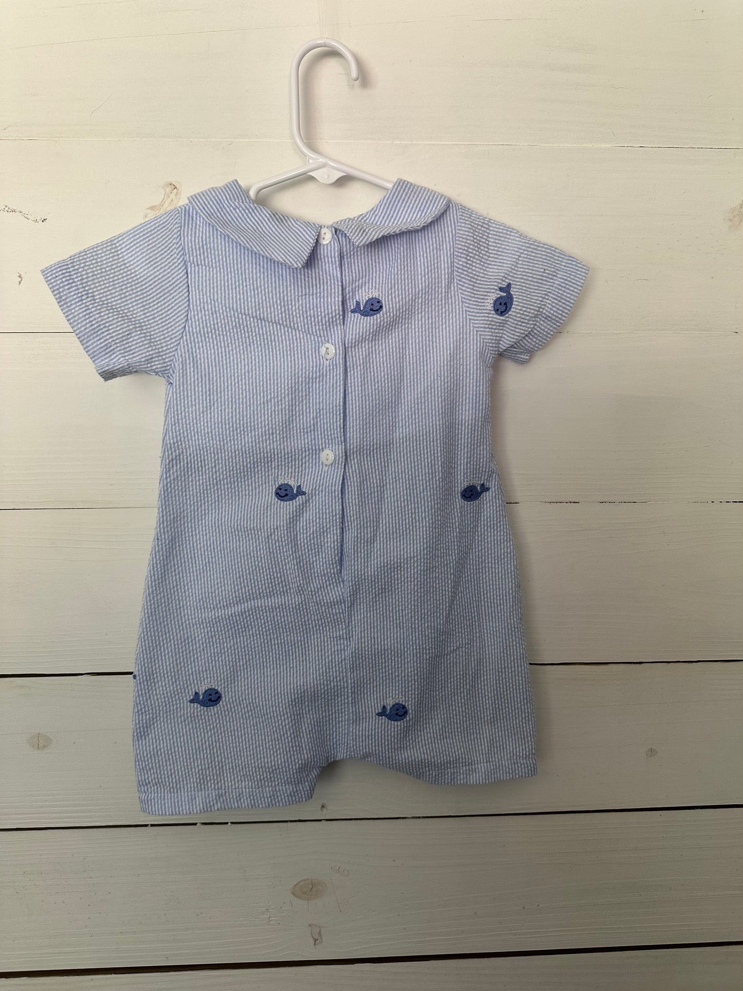 Lil Cactus Seersucker Romper with Peter Pan Collar & Embroidered Whales