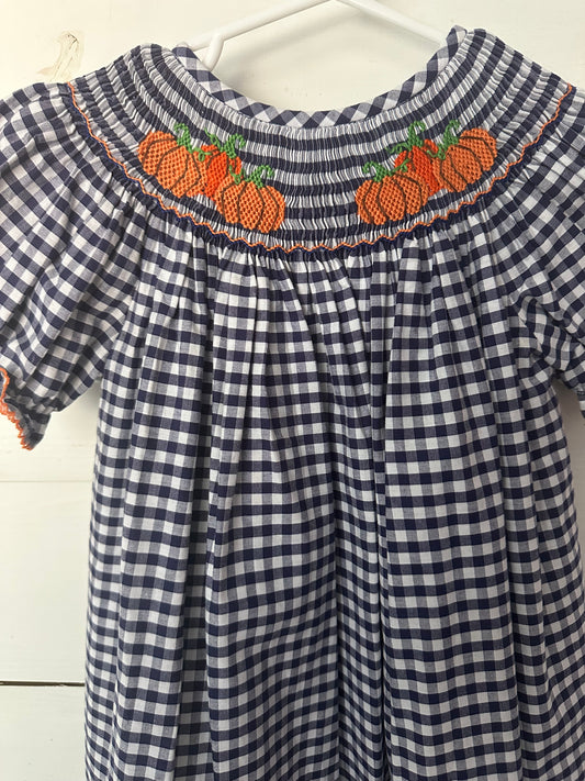 4T - Classic Whimsy - Navy Blue Gingham Dress with Smocked Pumpkins