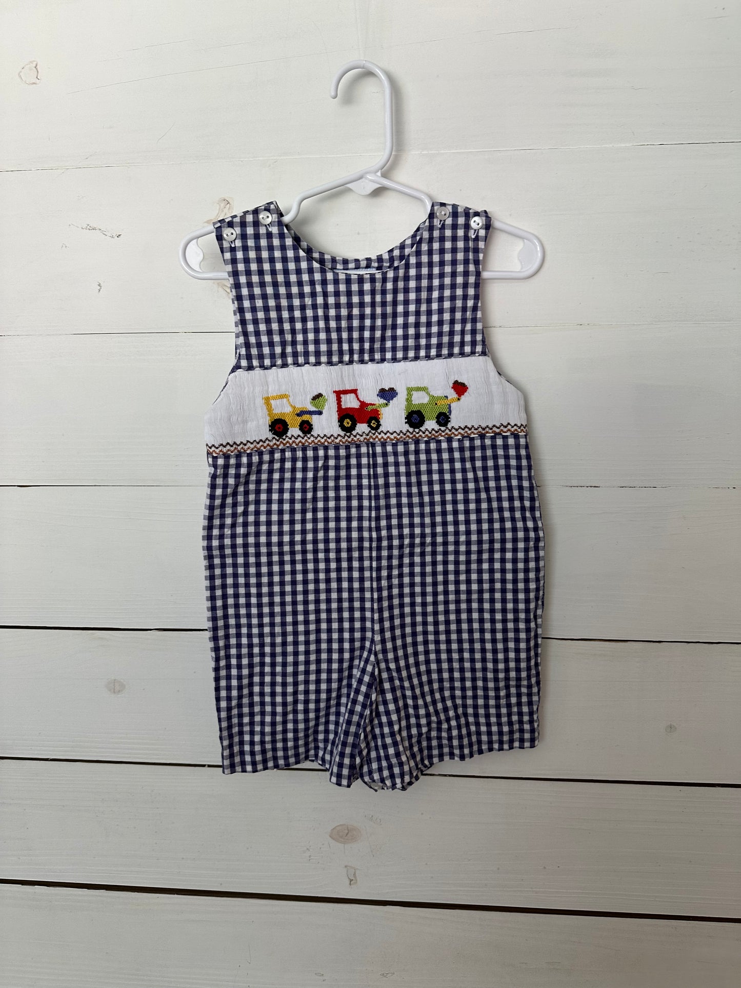 Viva La Fete - Navy Gingham Jon Jon with Smocked Construction Trucks with Hearts