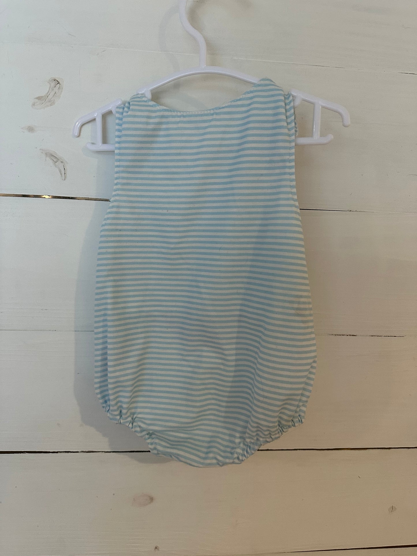 12M - Abbie & Evie Blue and White Striped Bubble with Mickey Mouse Applique