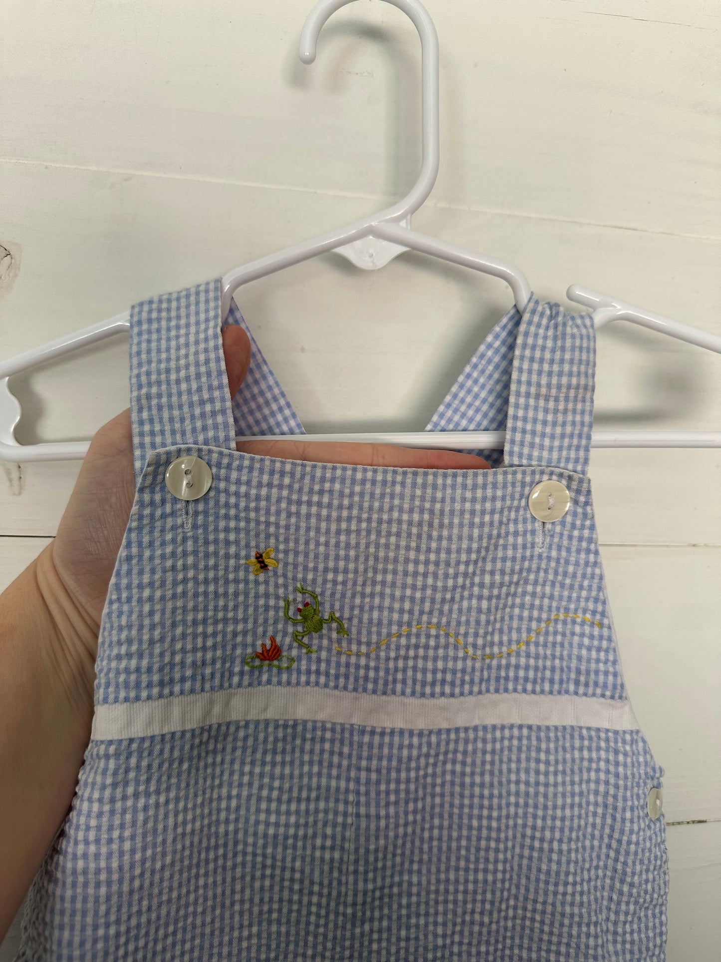 Blue Gingham Jon Jon with hand embroidered frog