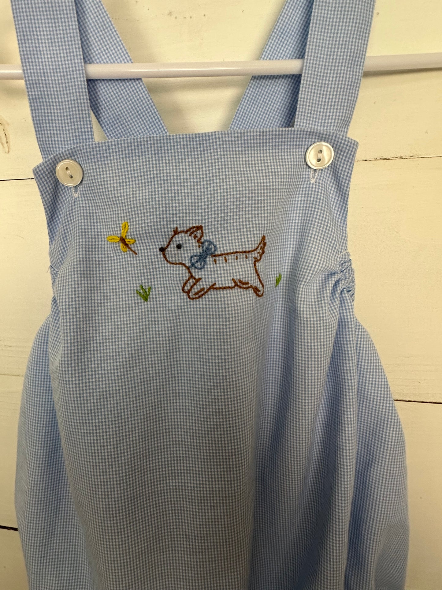 Baby Sen by Remember Nguyen: Blue Gingham Bubble with stitched puppy