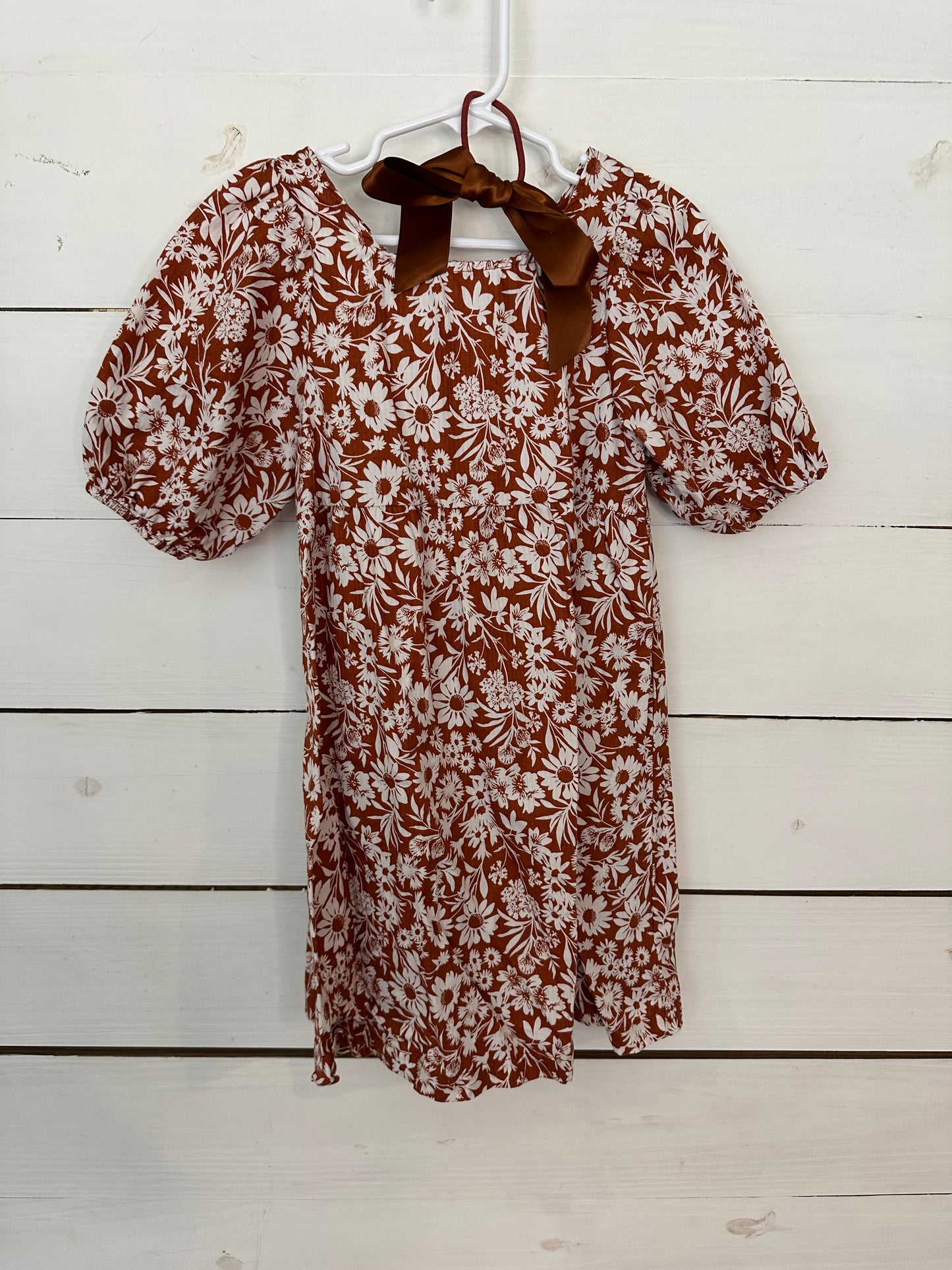 5T - Rust Floral Rabbit + Bear Organic Dress and matching bow