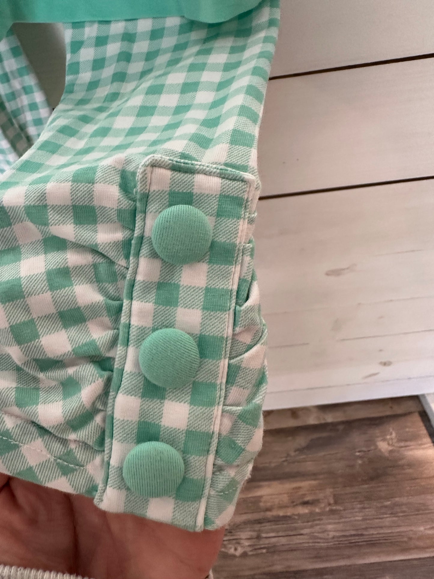MK Designs Mint Green Baby Doll Top with Smocked Pumpkins and Matching Gingham Leggings