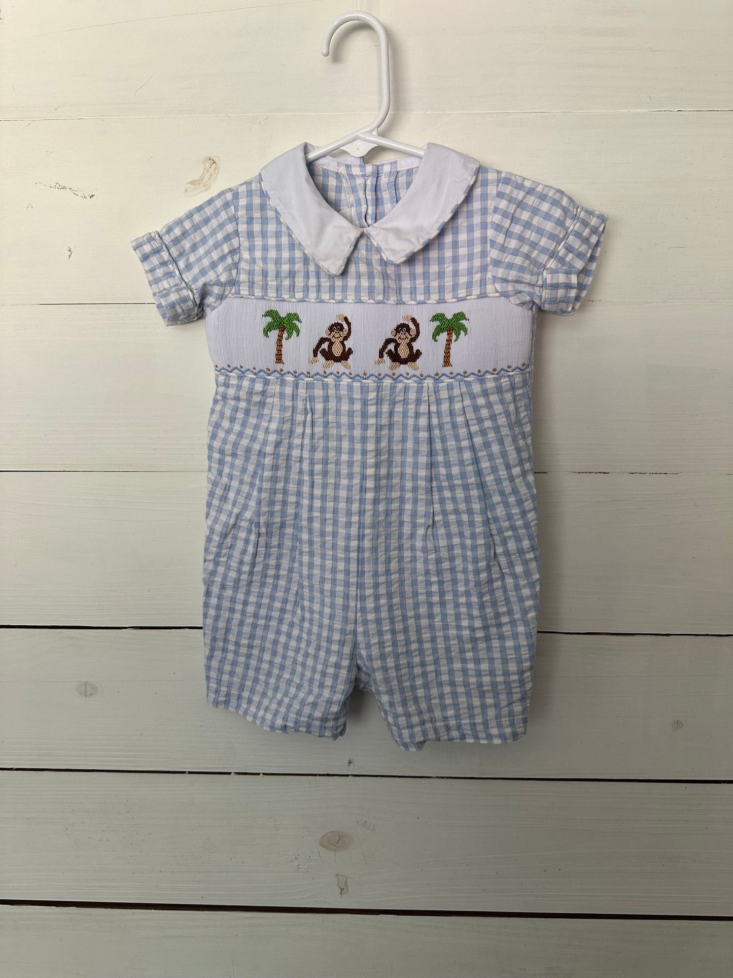 Zuccini Romper - Blue and tan gingham with monkey and palm tree smock with peter pan collar