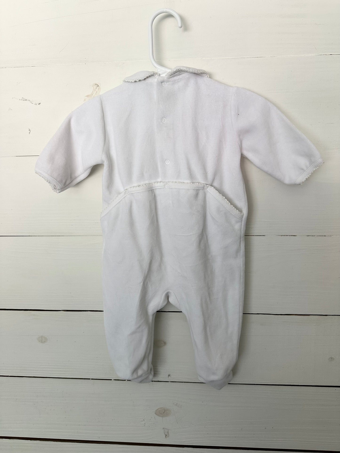0-3M Jacadi White Velour Romper with embroidered bunny & snail