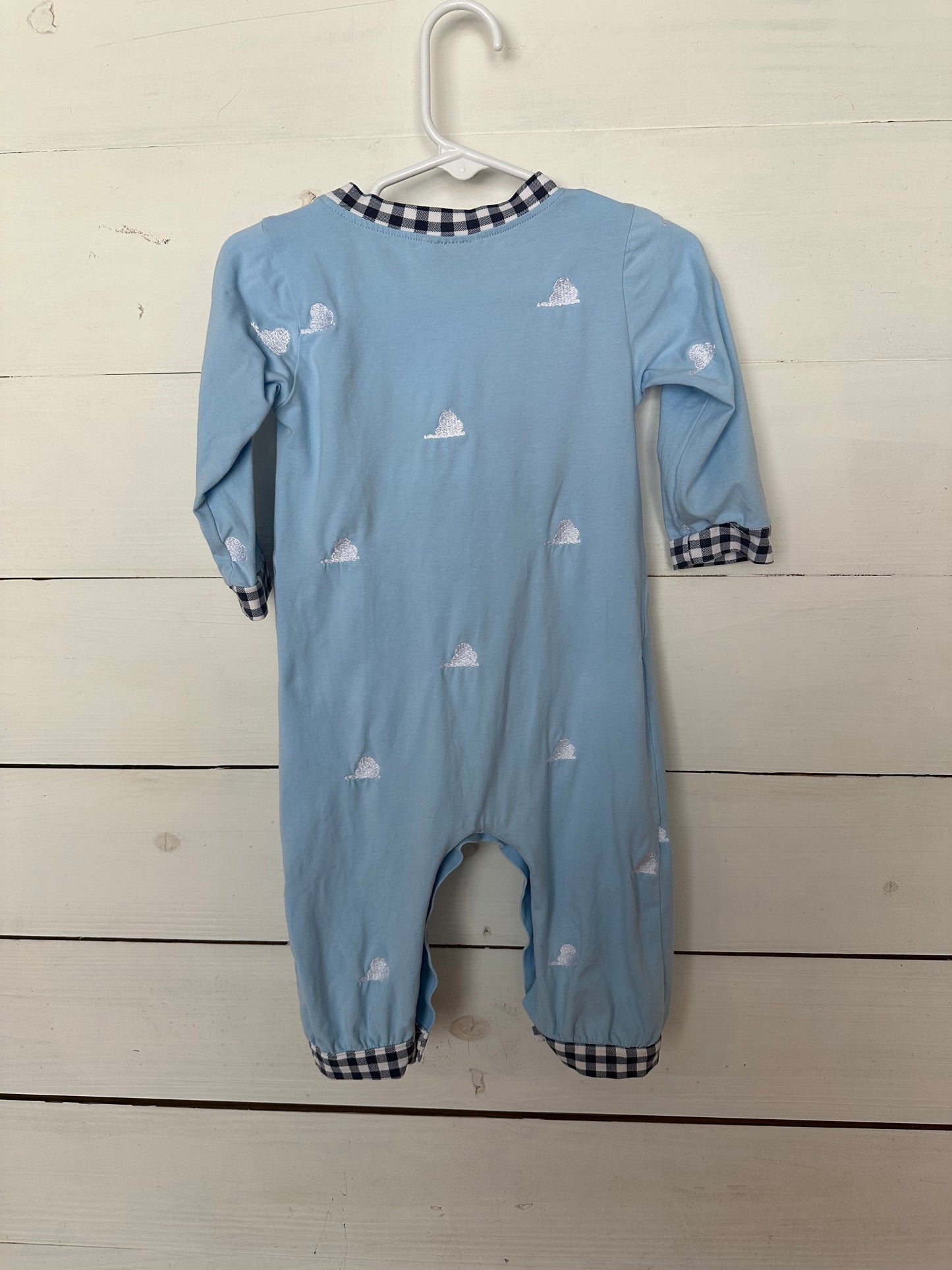 MK Clothing Designs - Smoked Toy Story Characters Baby Blue Romper with Embroidered Clouds and Navy Gingham Details